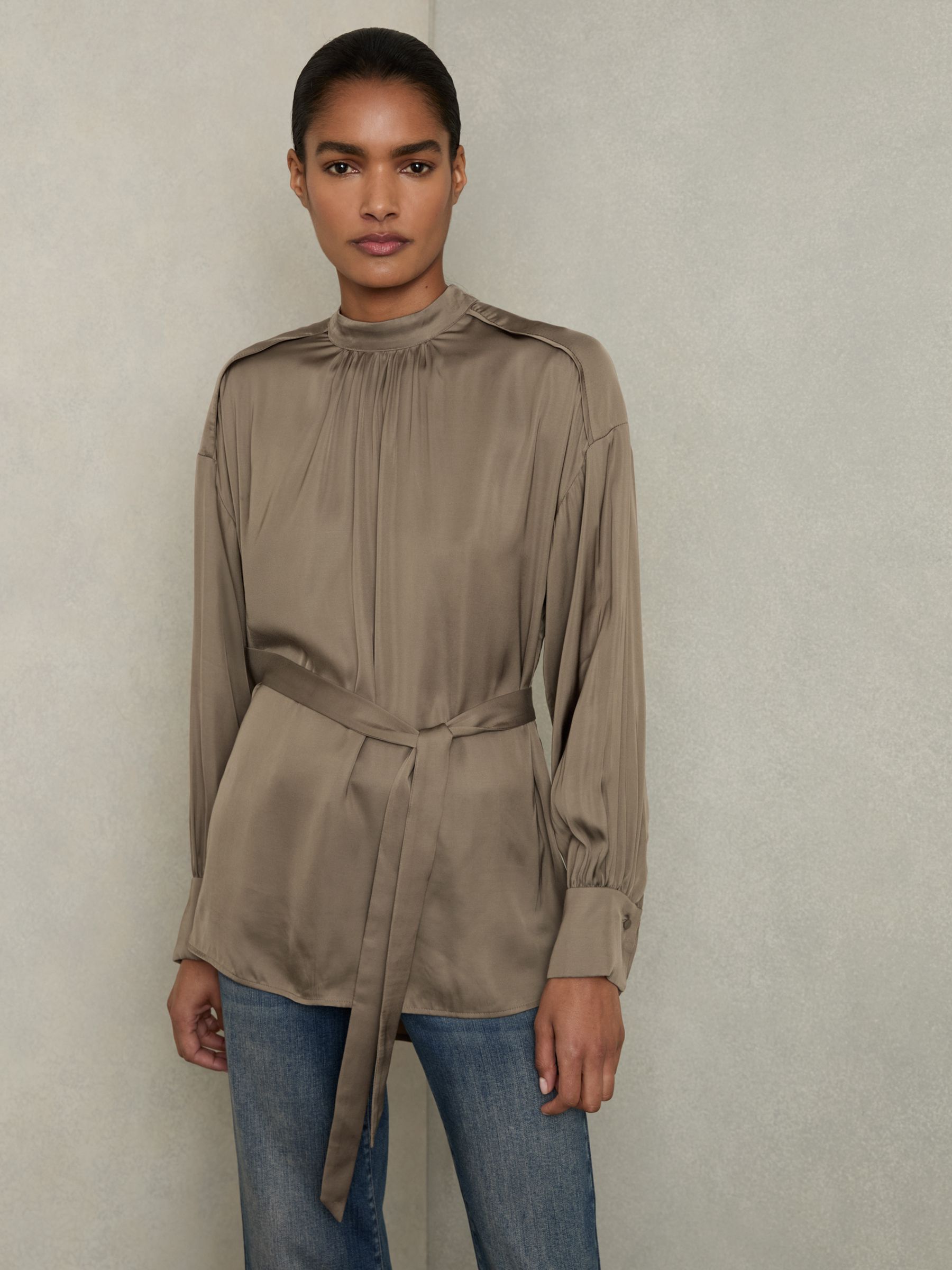 Woven High-Neck Belted Blouse in Mink - Image 3 of 7