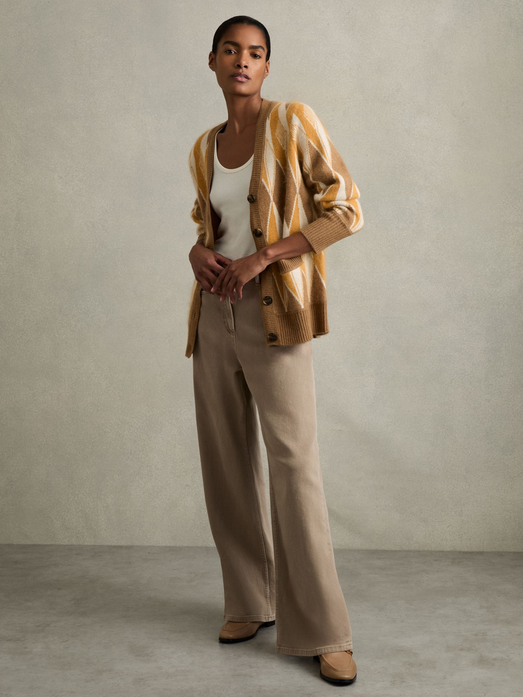 Wool-Cashmere Diamond-Jacquard Cardigan in Camel/Yellow - Image 1 of 6