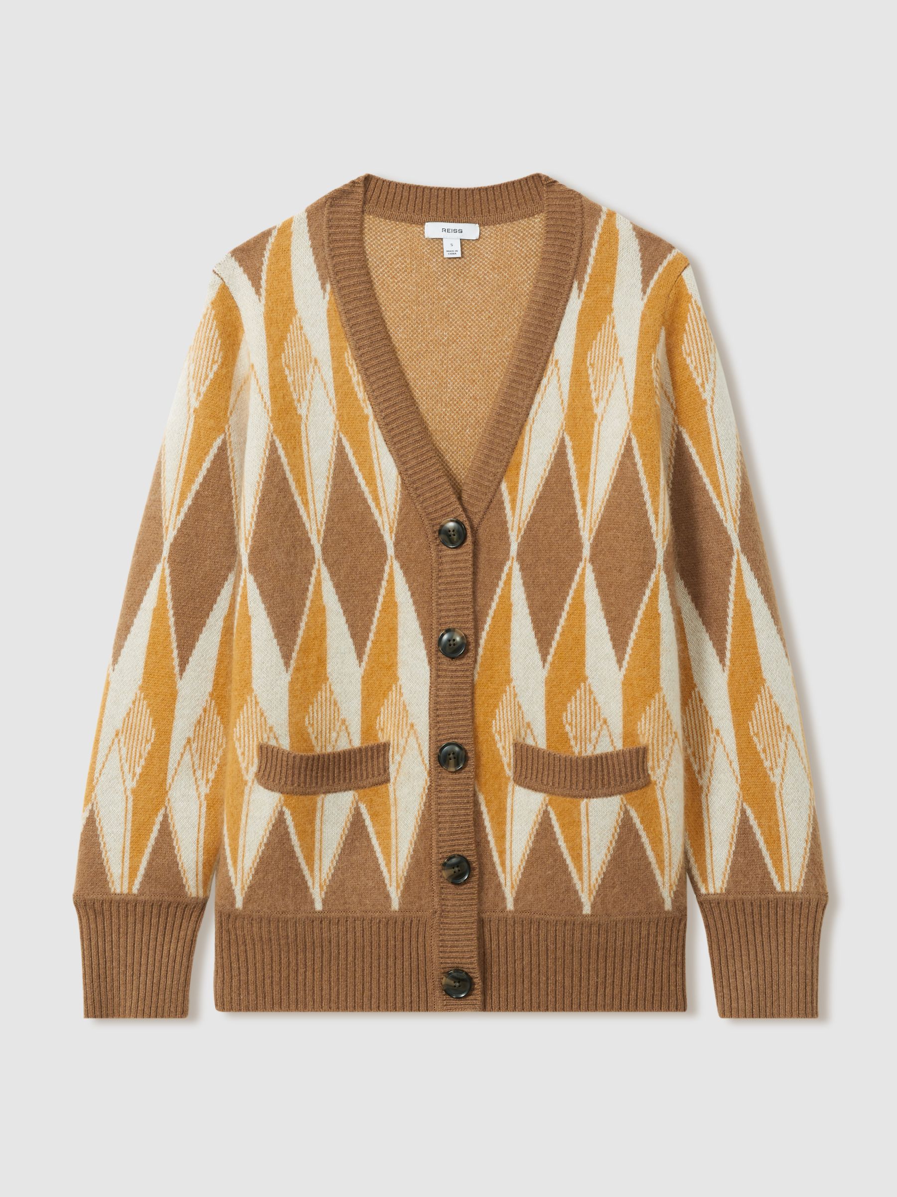 Wool-Cashmere Diamond-Jacquard Cardigan in Camel/Yellow - Image 2 of 6