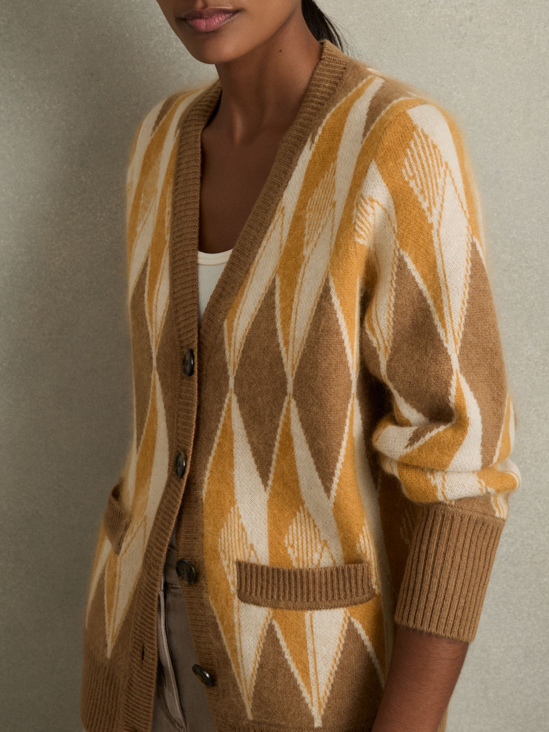 Wool-Cashmere Diamond-Jacquard Cardigan in Camel/Yellow - Image 4 of 6