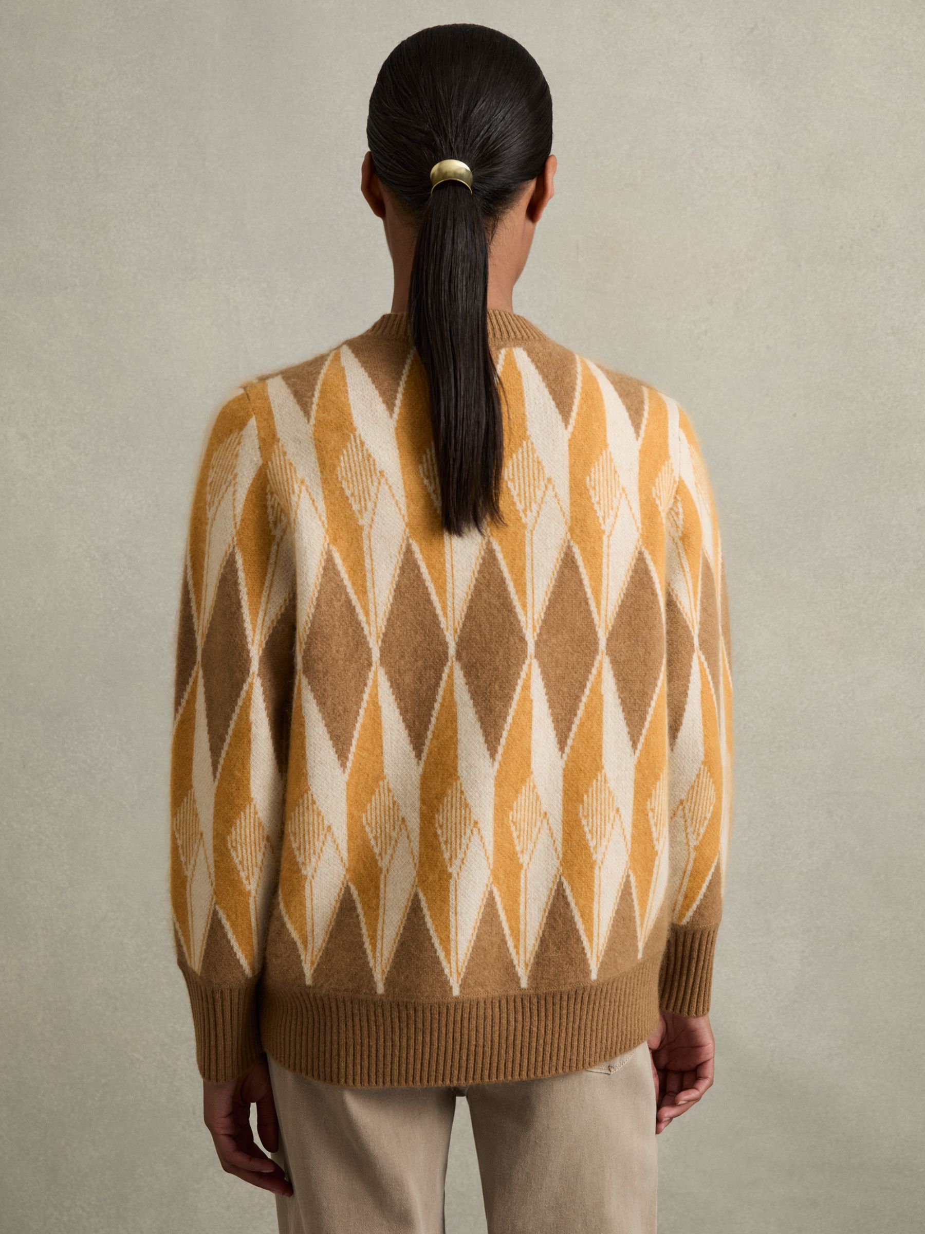 Wool-Cashmere Diamond-Jacquard Cardigan in Camel/Yellow - Image 5 of 6