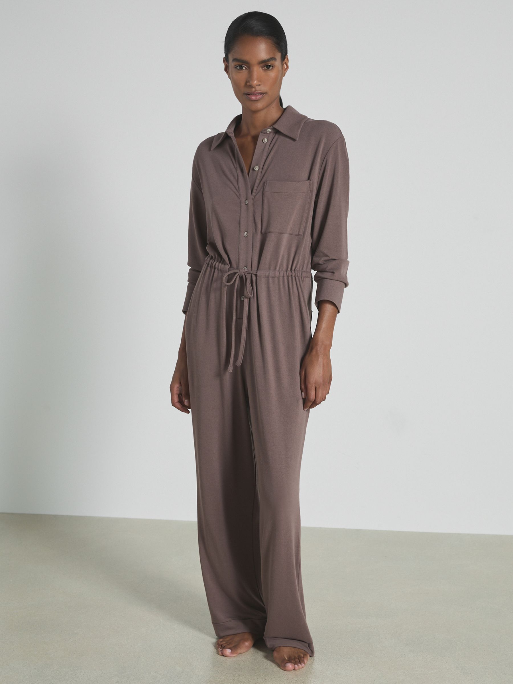 Thermal Jersey Drawstring Jumpsuit in Dark Mink - Image 1 of 7