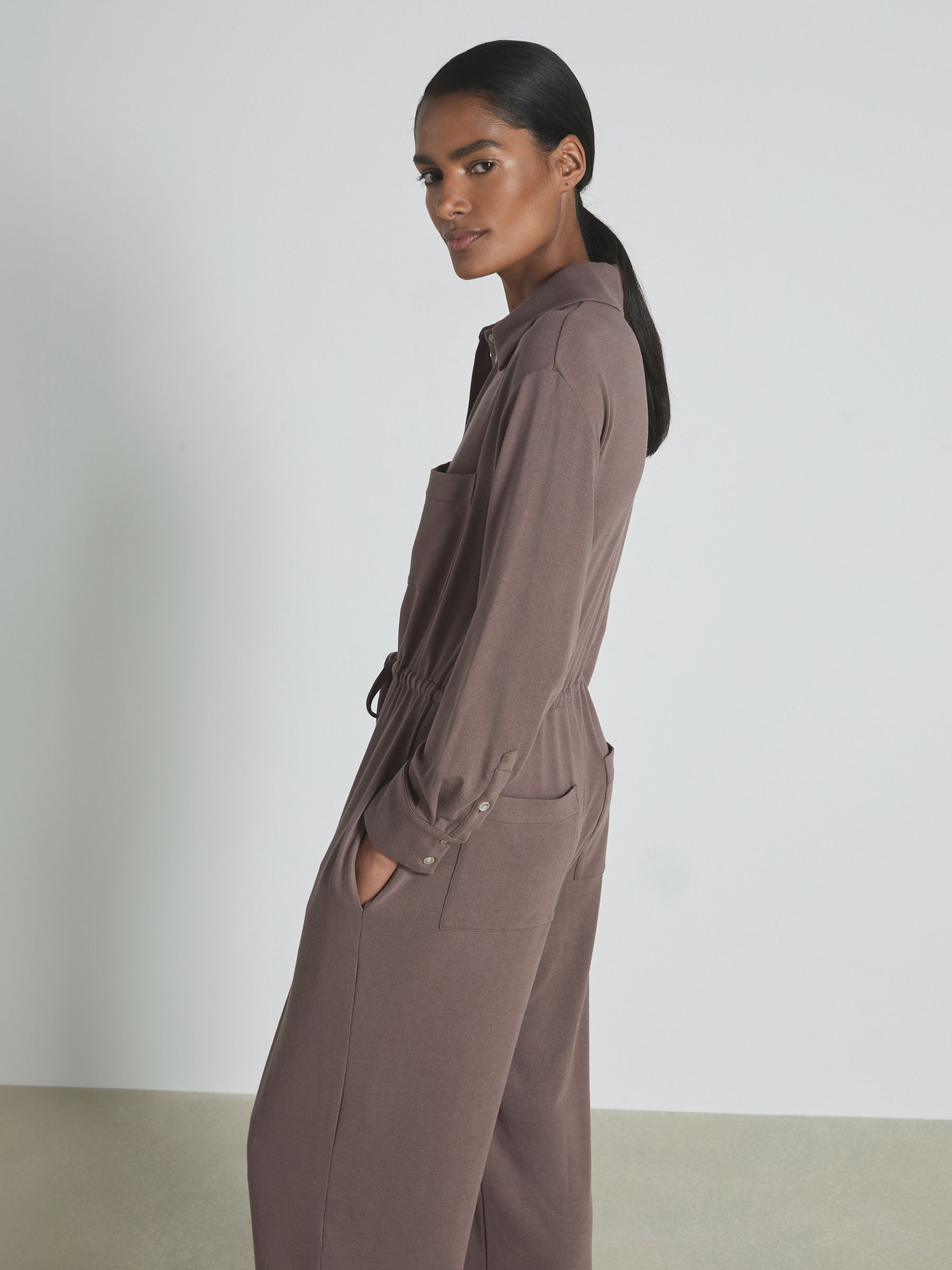 Thermal Jersey Drawstring Jumpsuit in Dark Mink - Image 3 of 7