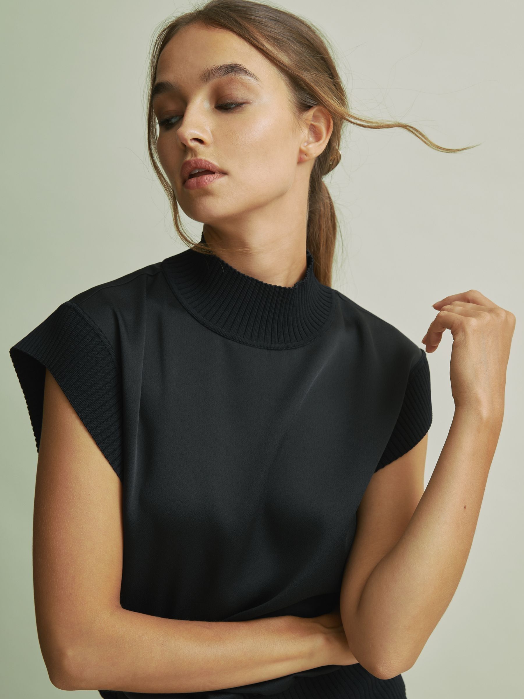 Florere Hybrid Satin Knit Cropped Top in Black - Image 3 of 6