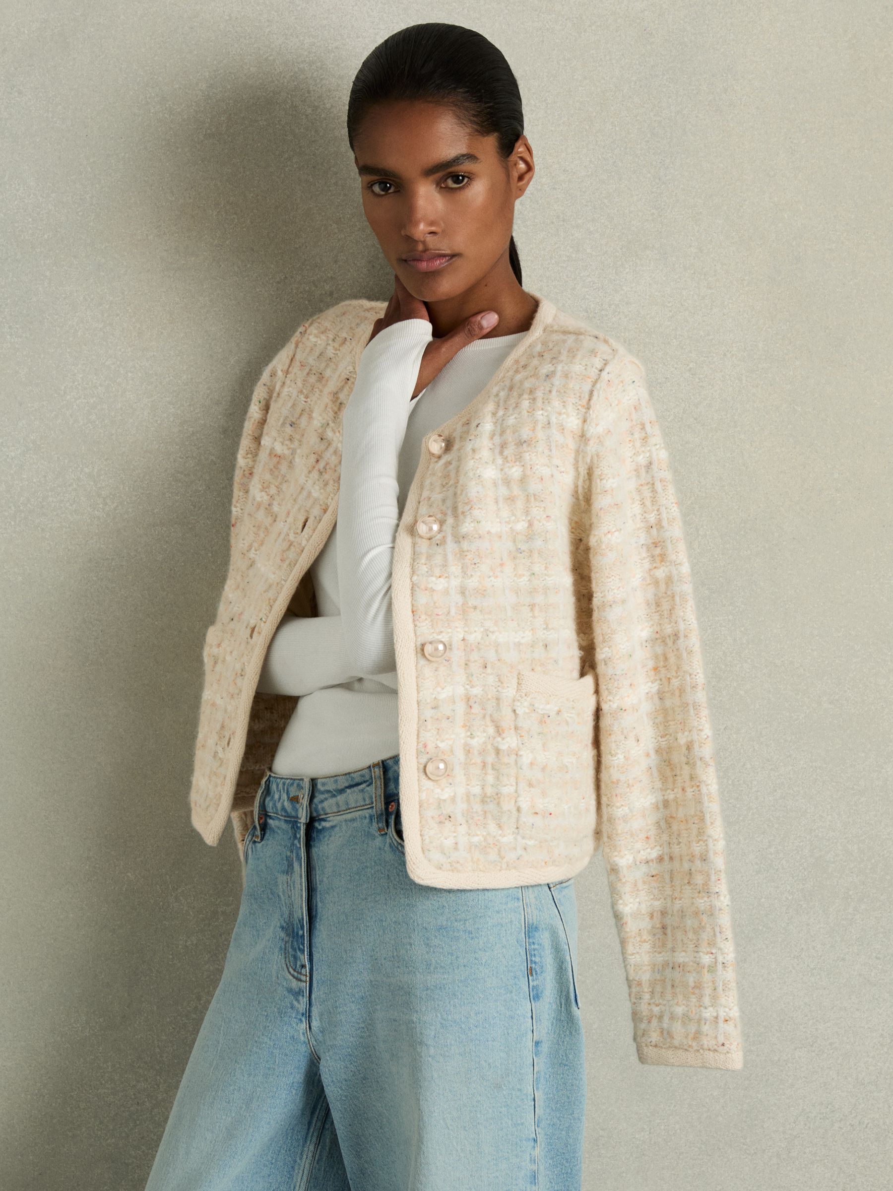 Tweed-Effect Cardigan with Merino in Light Pink - Image 1 of 7