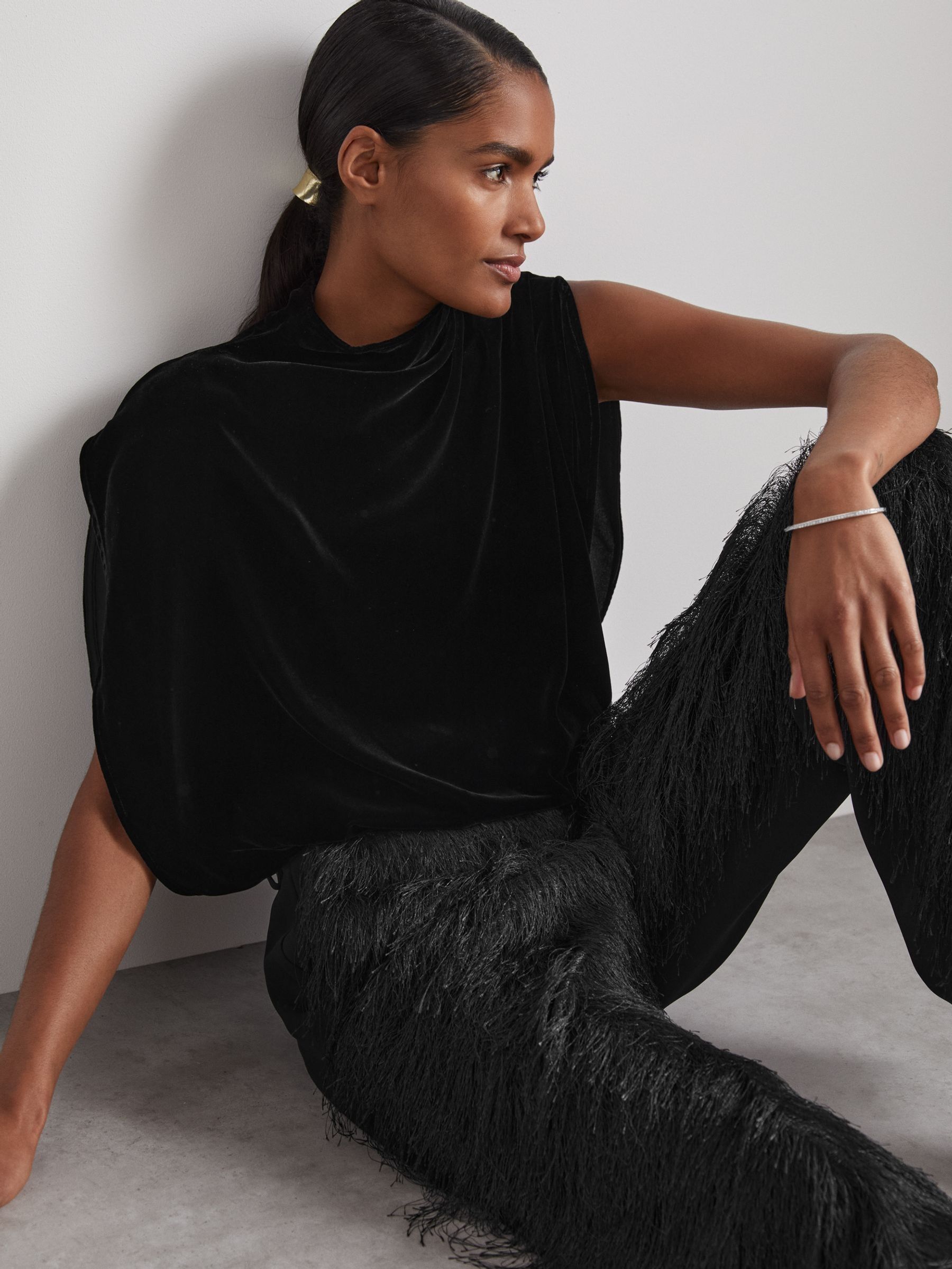 Atelier Velvet Draped Sleeveless Bodysuit in Black - Image 4 of 6