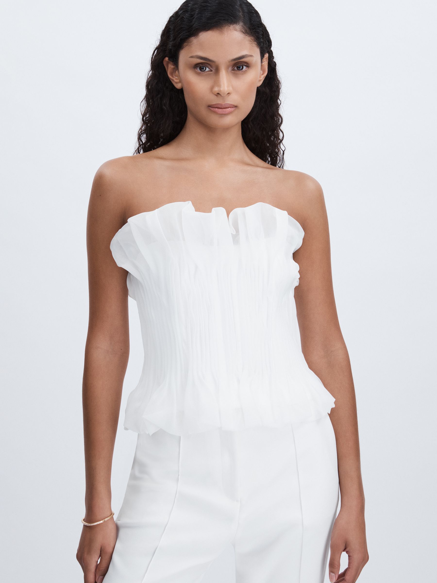 Acler Organza Pintuck Strapless Top in Ivory - Image 1 of 7