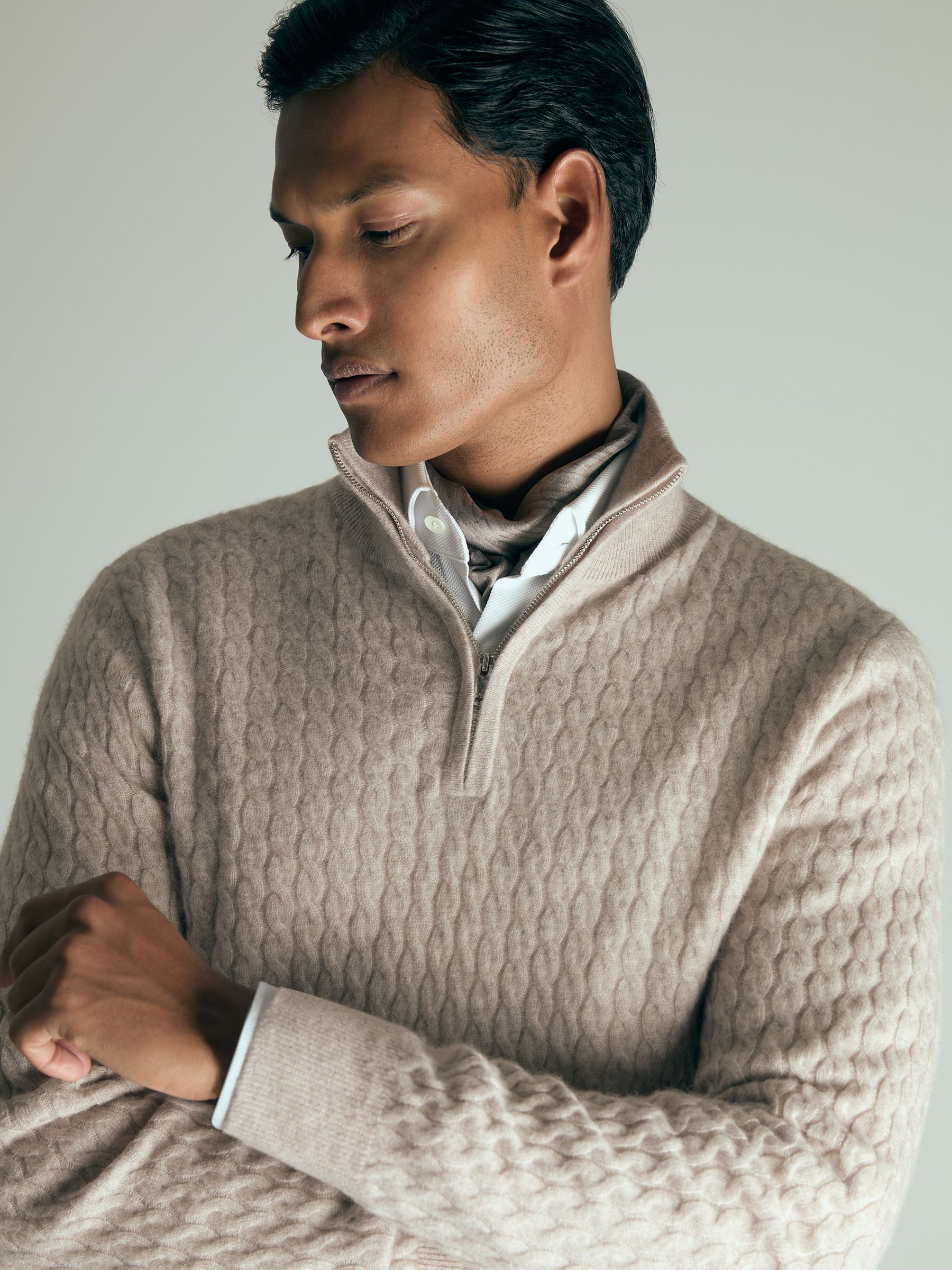 Atelier Cabled-Cashmere Zip-Neck Jumper in Oatmeal Melange - Image 3 of 6