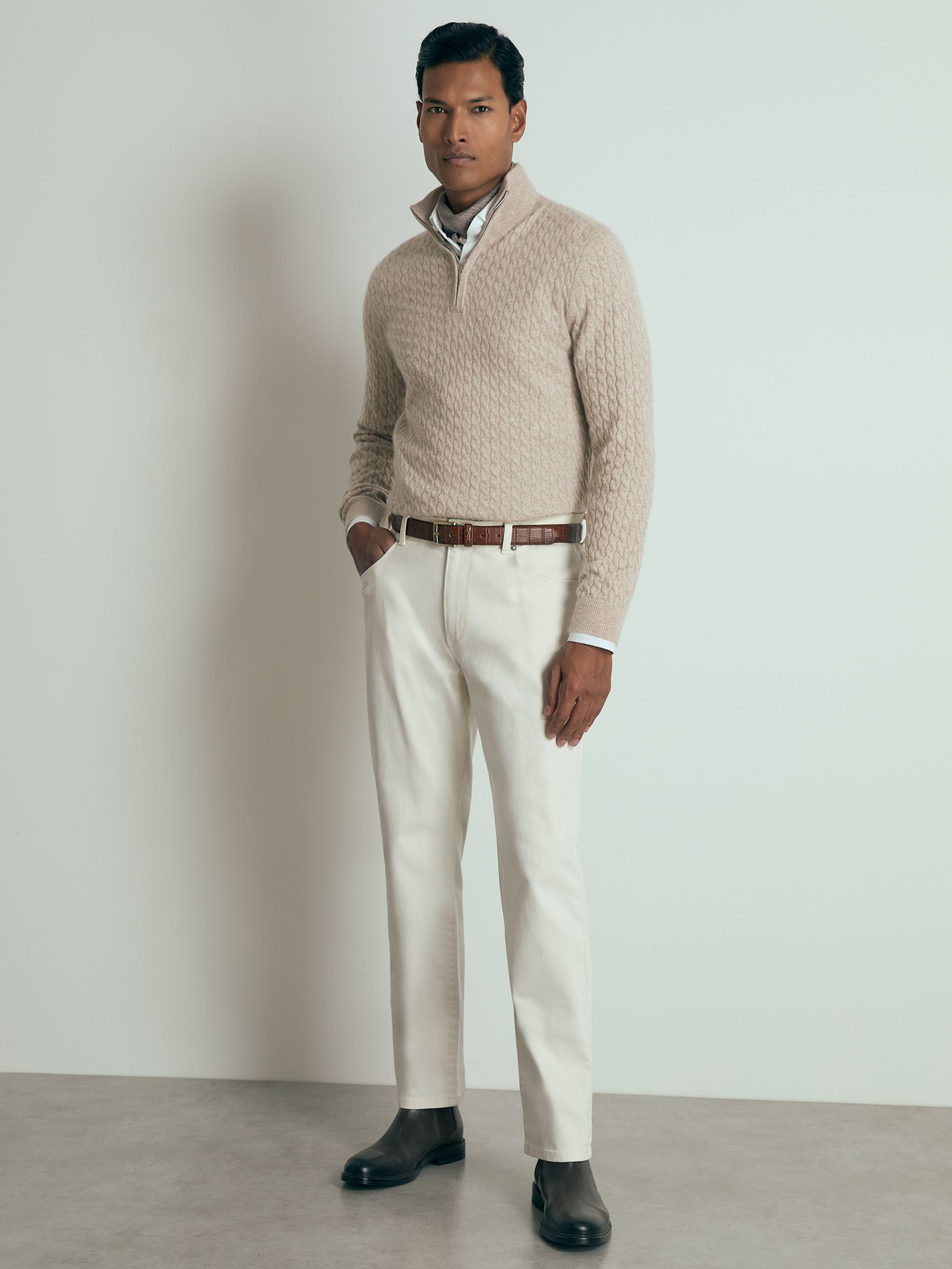 Atelier Cabled-Cashmere Zip-Neck Jumper in Oatmeal Melange - Image 4 of 6
