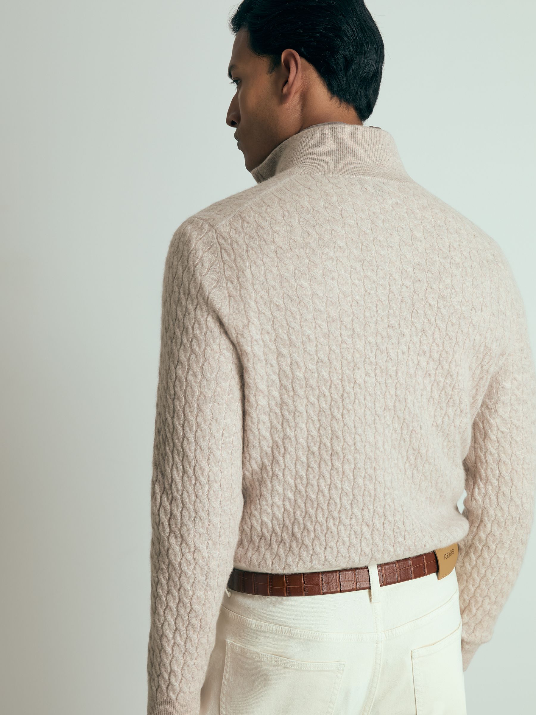 Atelier Cabled-Cashmere Zip-Neck Jumper in Oatmeal Melange - Image 5 of 6