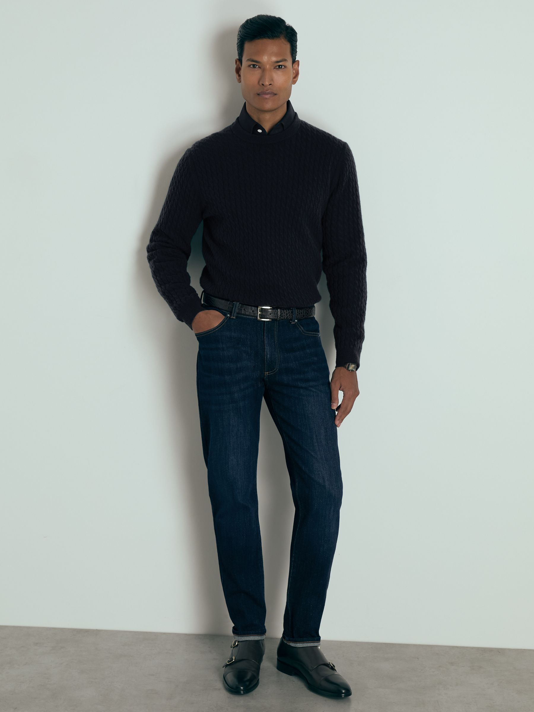 Atelier Cashmere Cable-Knit Crew-Neck Jumper in Navy - Image 3 of 6