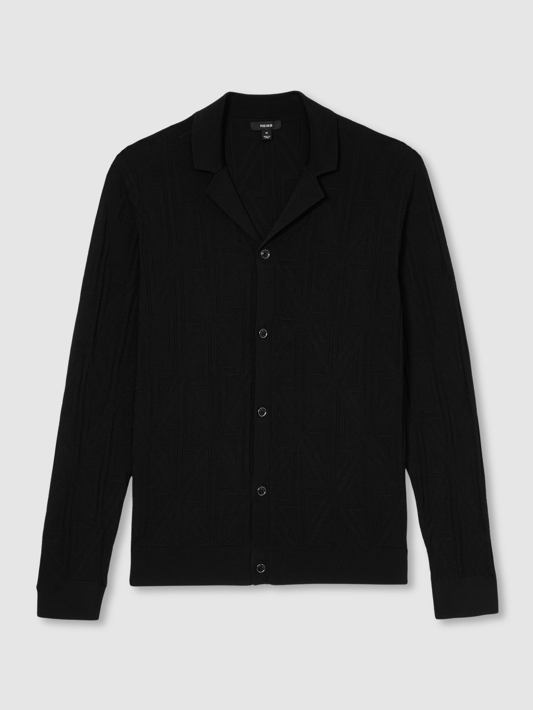 Jacquard Cuban-Collar Button-Through Shirt in Black - Image 2 of 7