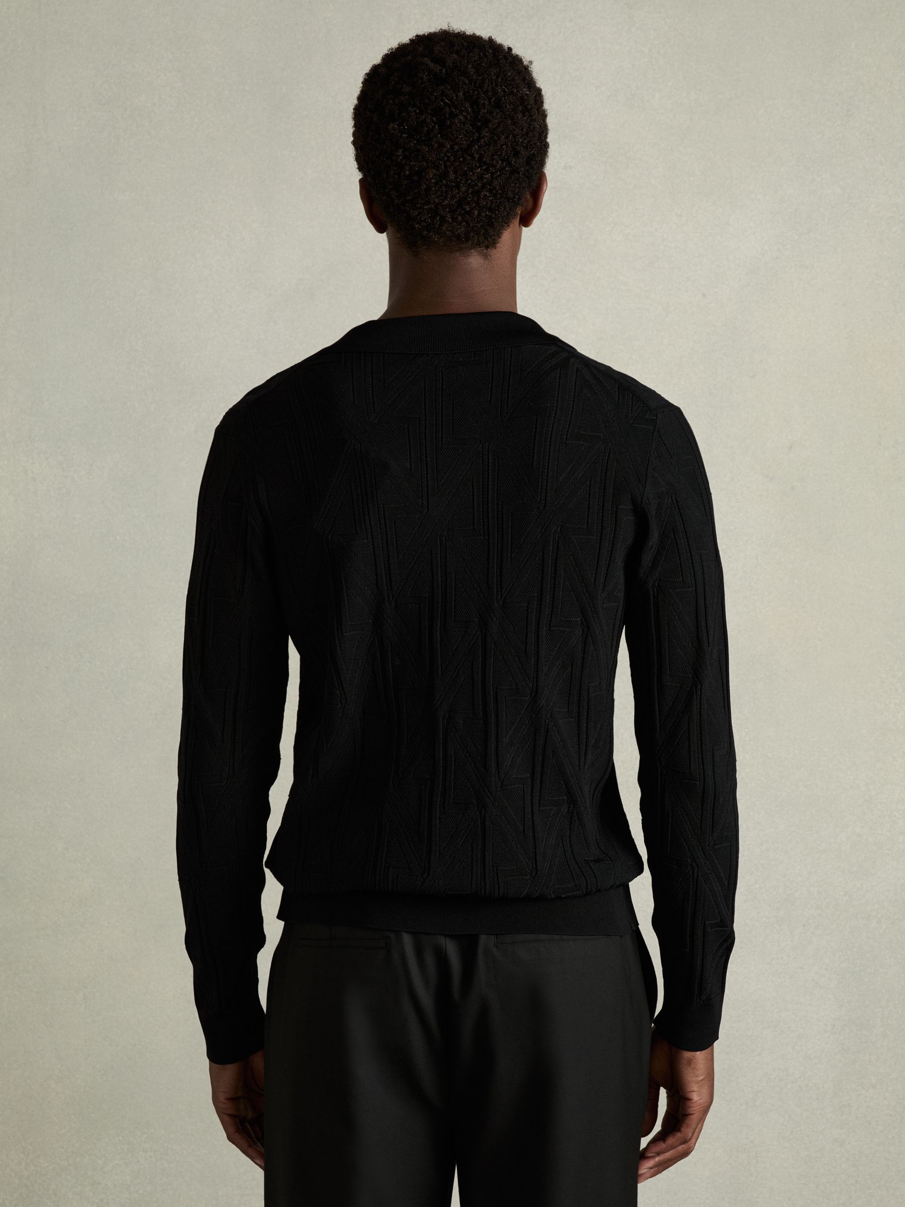 Jacquard Cuban-Collar Button-Through Shirt in Black - Image 5 of 7