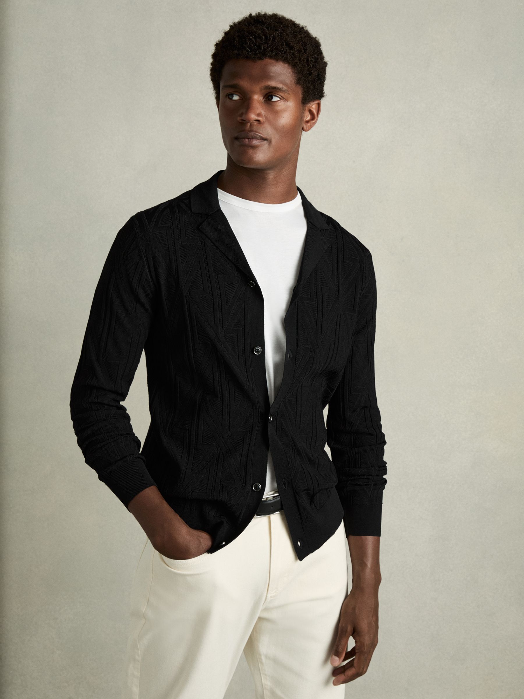Jacquard Cuban-Collar Button-Through Shirt in Black - Image 6 of 7