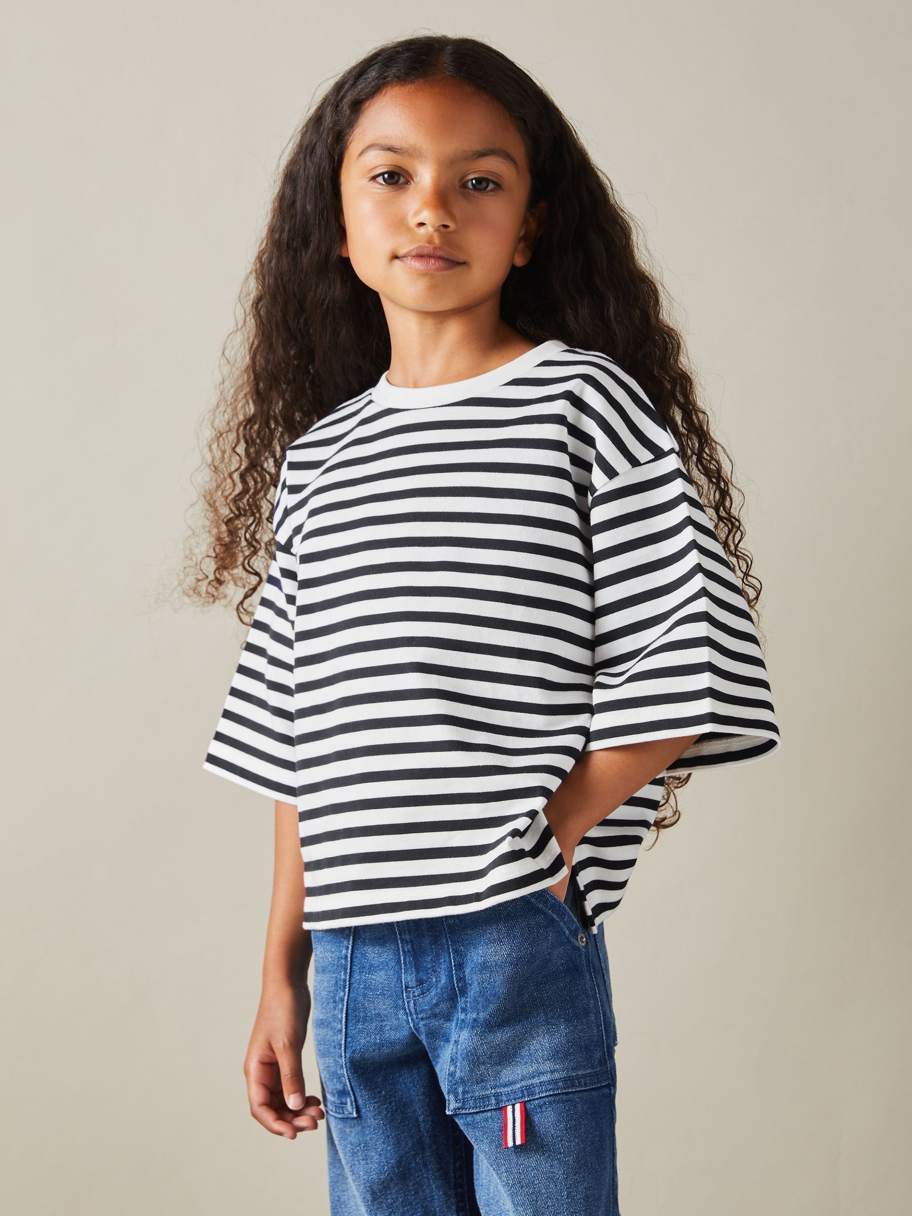 9-13 yrs Oversized Striped Cotton T-Shirt in Navy - Image 1 of 4