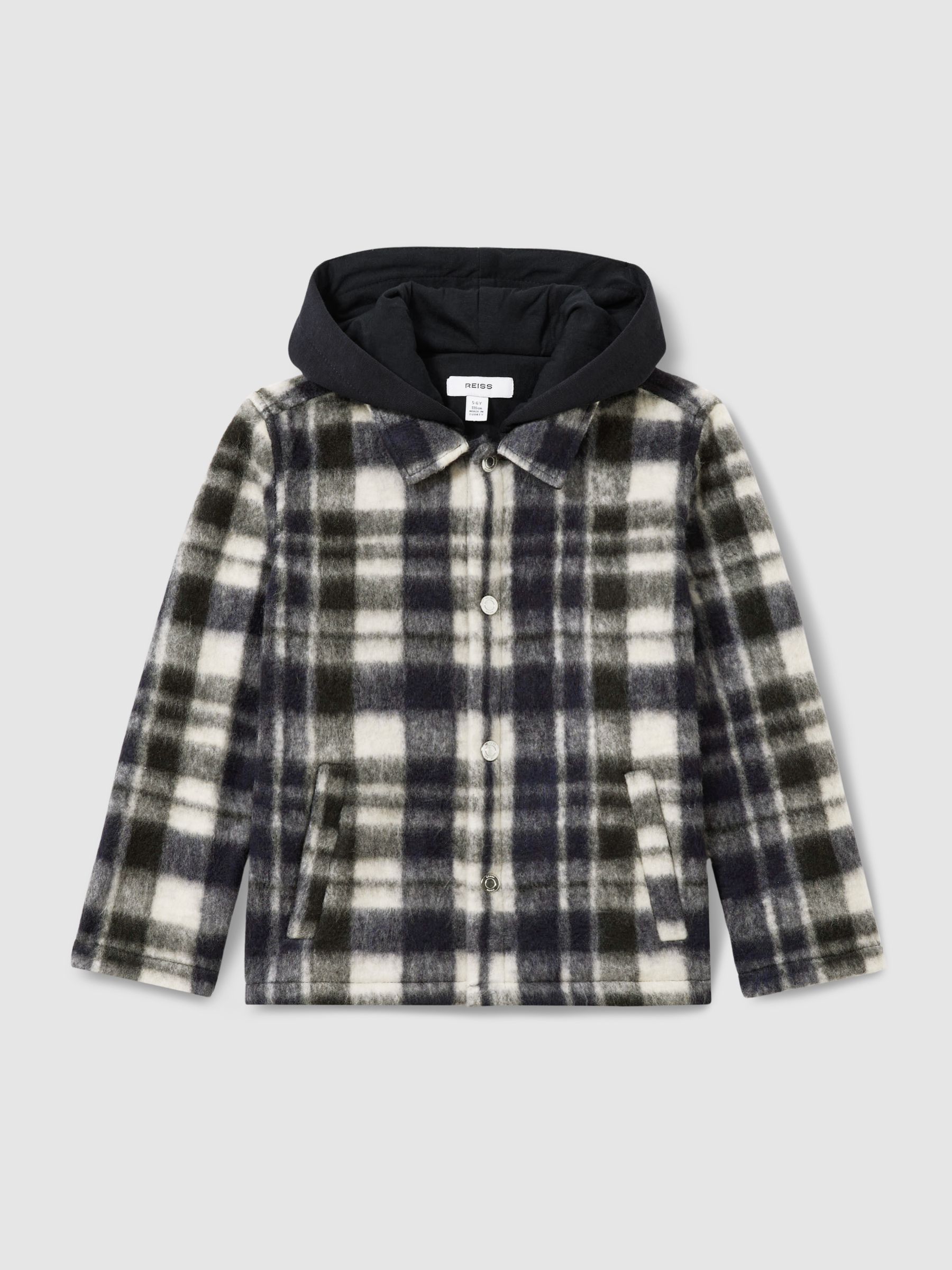Removable-Hood Brushed Check Overshirt in Navy/White - Image 1 of 4