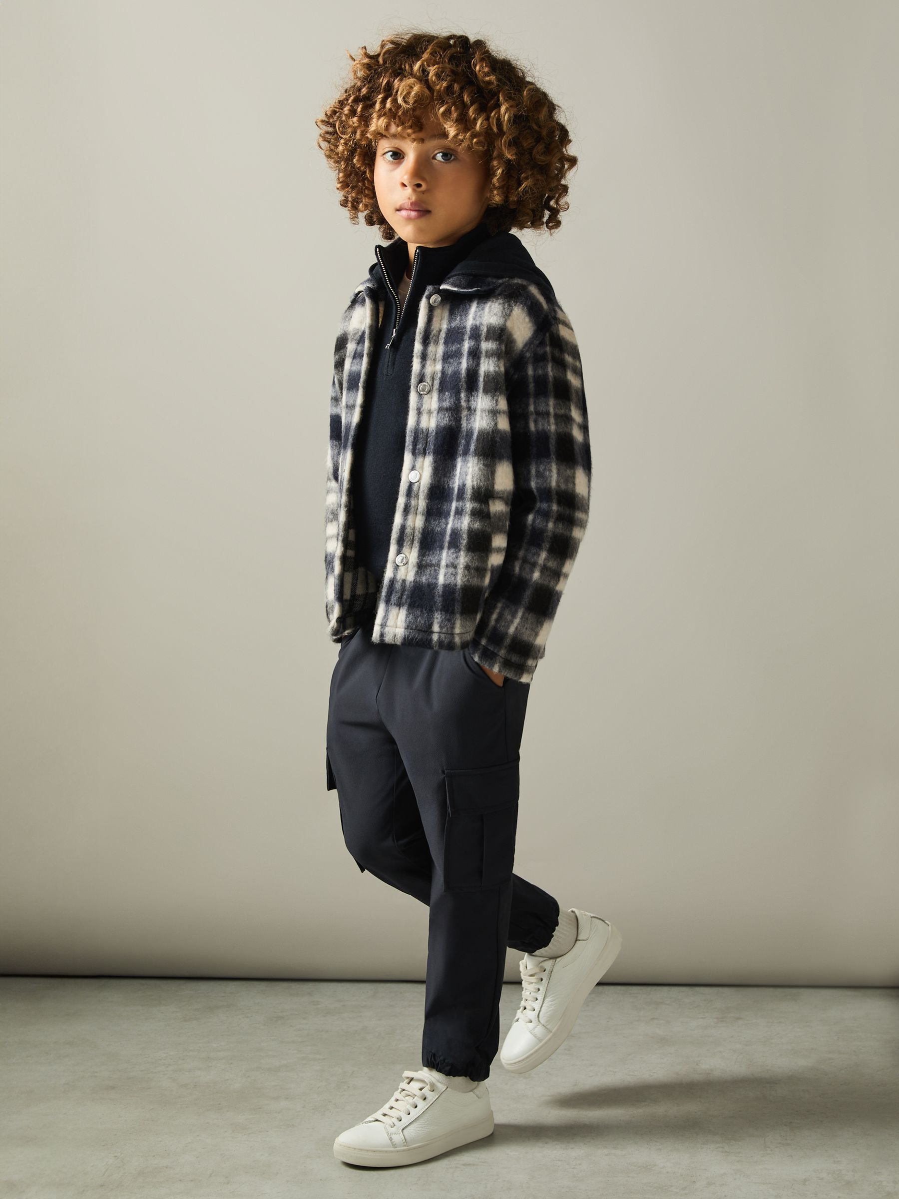 Removable-Hood Brushed Check Overshirt in Navy/White - Image 2 of 4