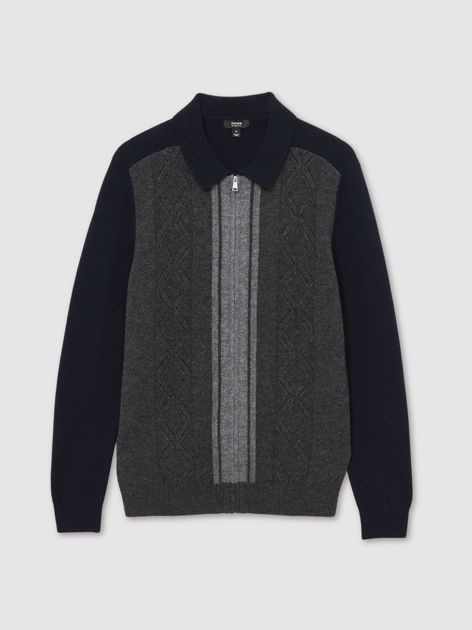 Wool Colour-Block Zip-Through Cardigan in Navy/Grey - Image 2 of 6