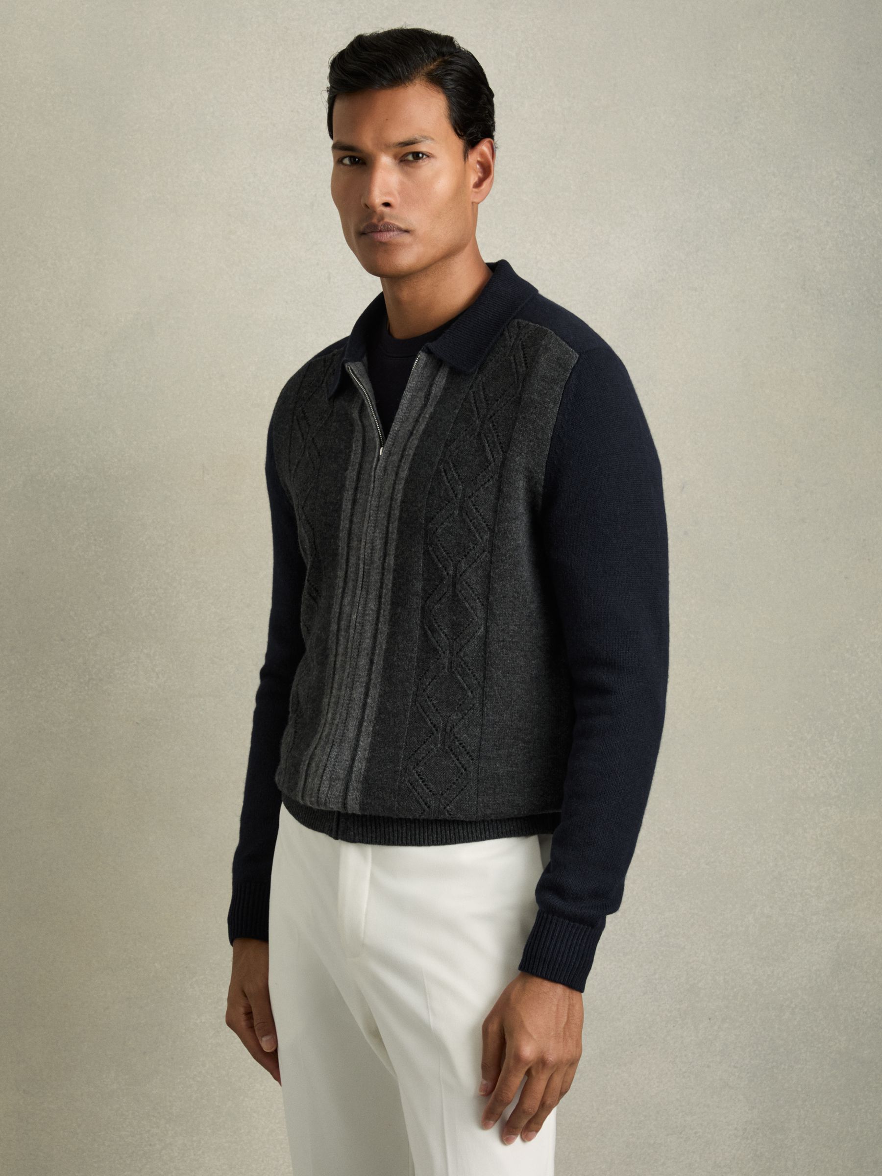 Wool Colour-Block Zip-Through Cardigan in Navy/Grey - Image 3 of 6