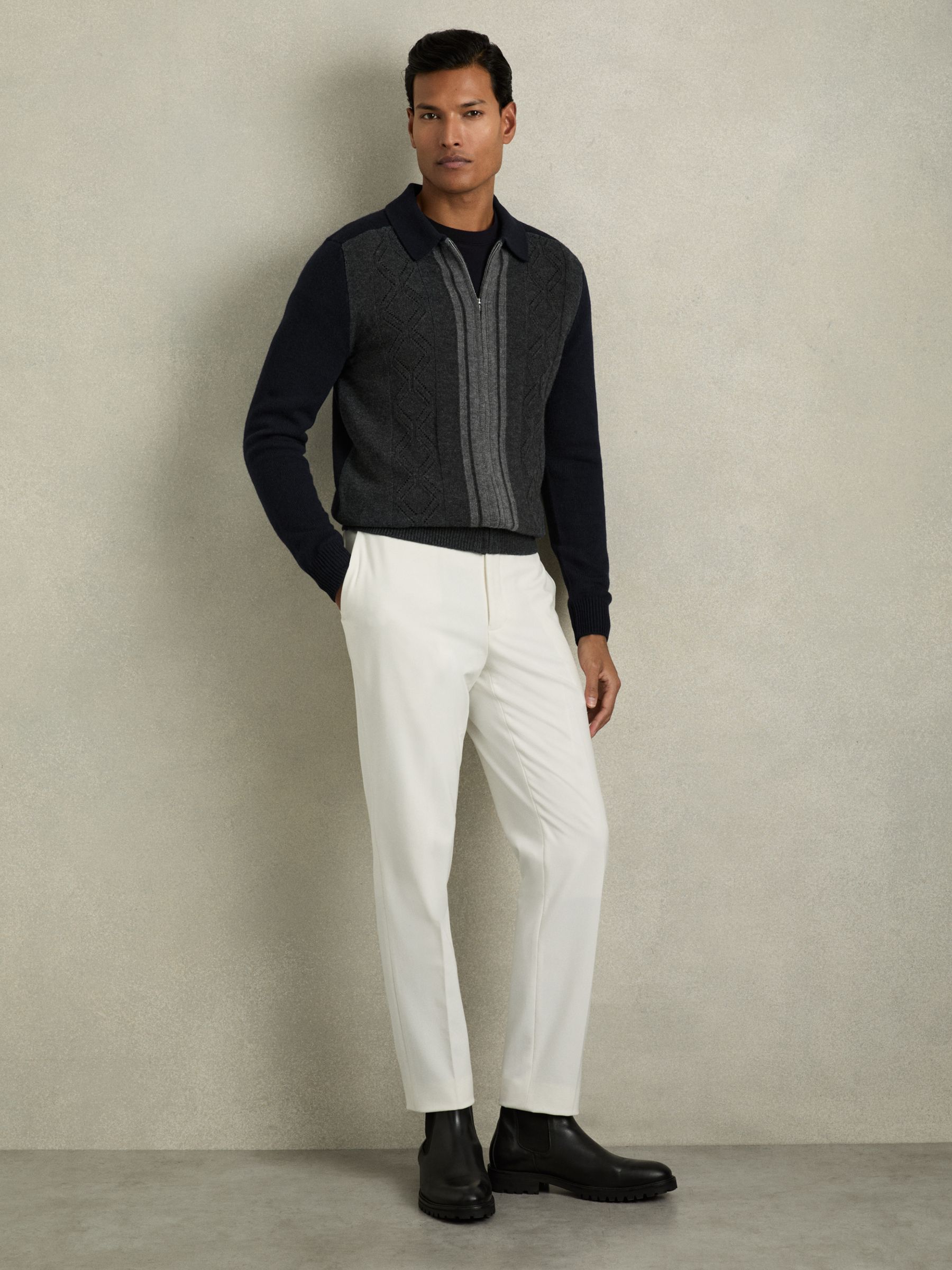Wool Colour-Block Zip-Through Cardigan in Navy/Grey - Image 5 of 6