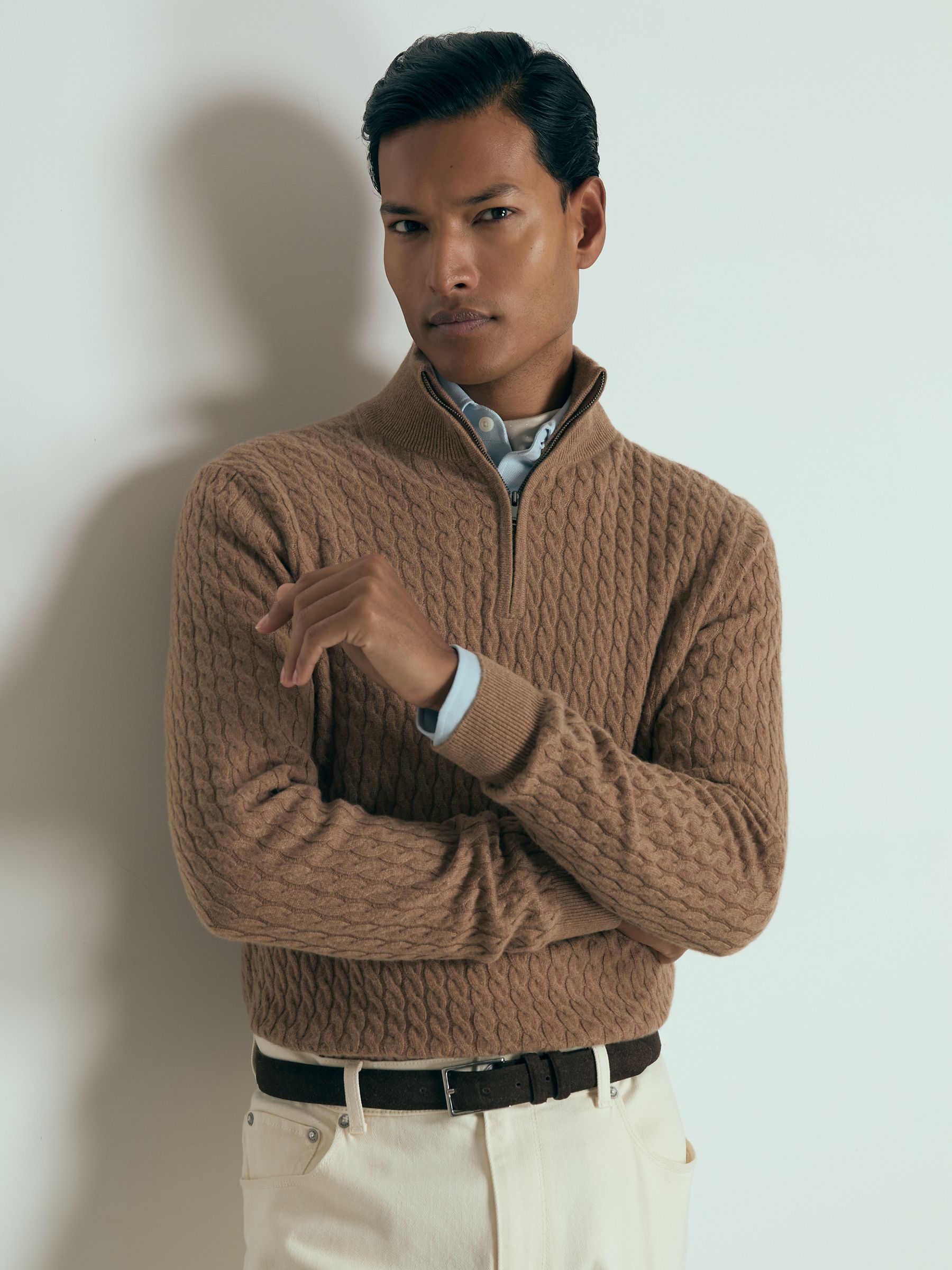 Atelier Cabled-Cashmere Zip-Neck Jumper in Camel Melange - Image 1 of 6