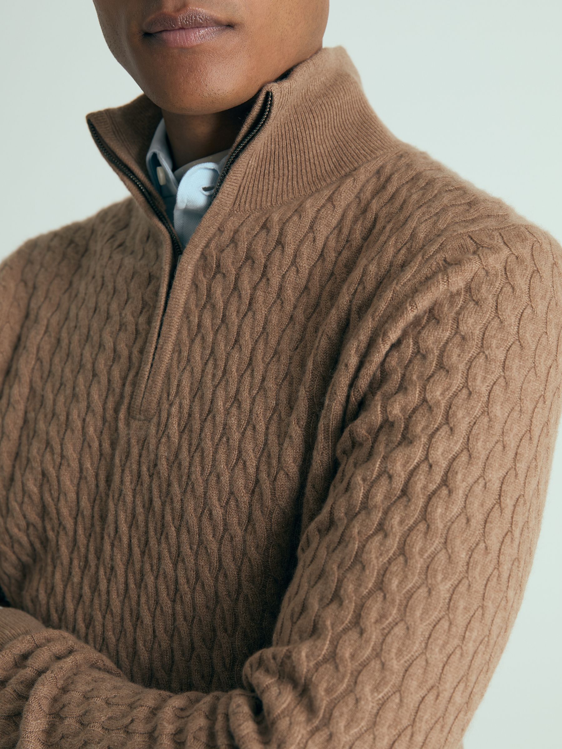 Atelier Cabled-Cashmere Zip-Neck Jumper in Camel Melange - Image 4 of 6