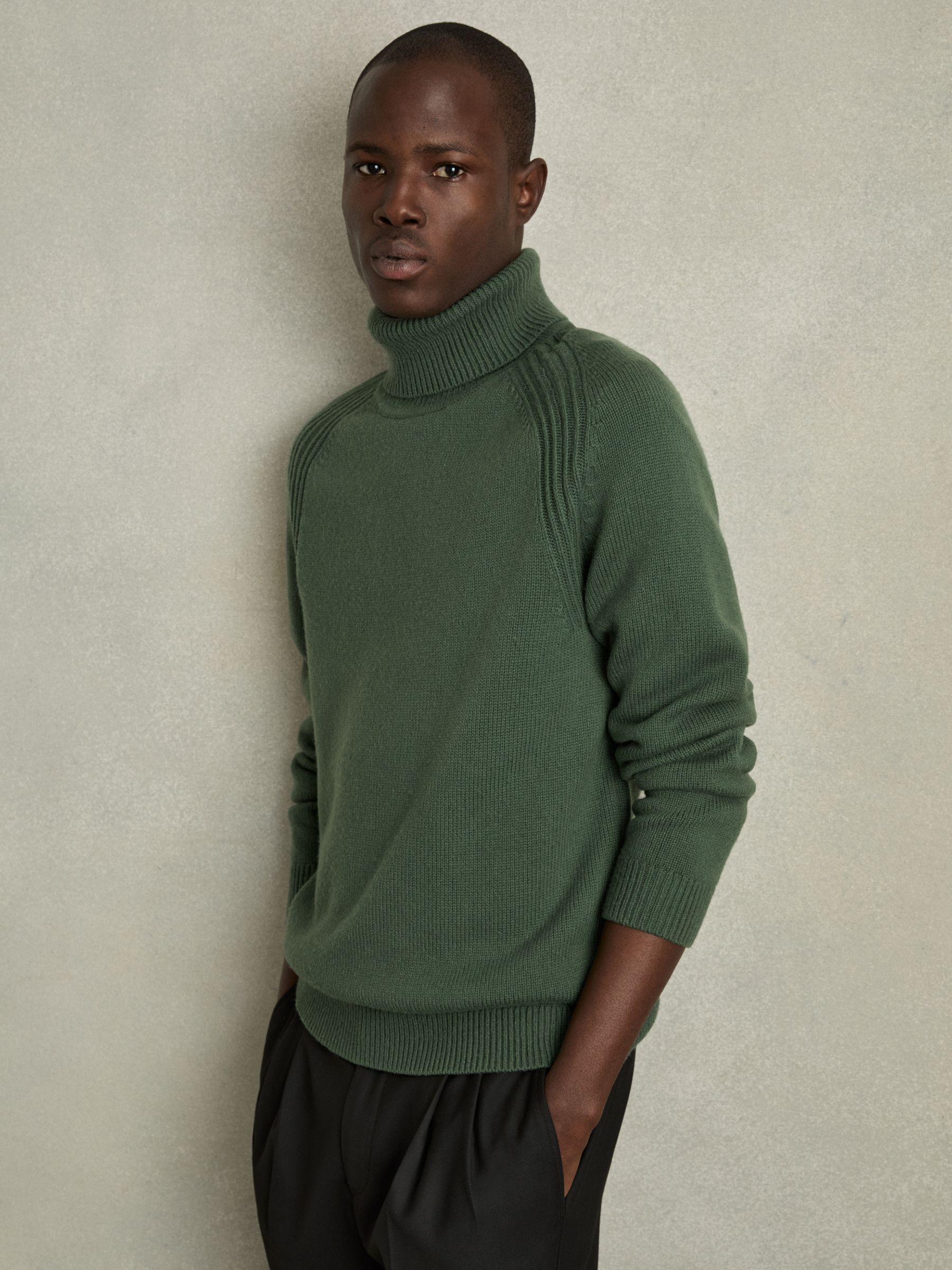 Wool-Blend Ridge-Seam Roll-Neck Jumper in Green Smoke - Image 3 of 8