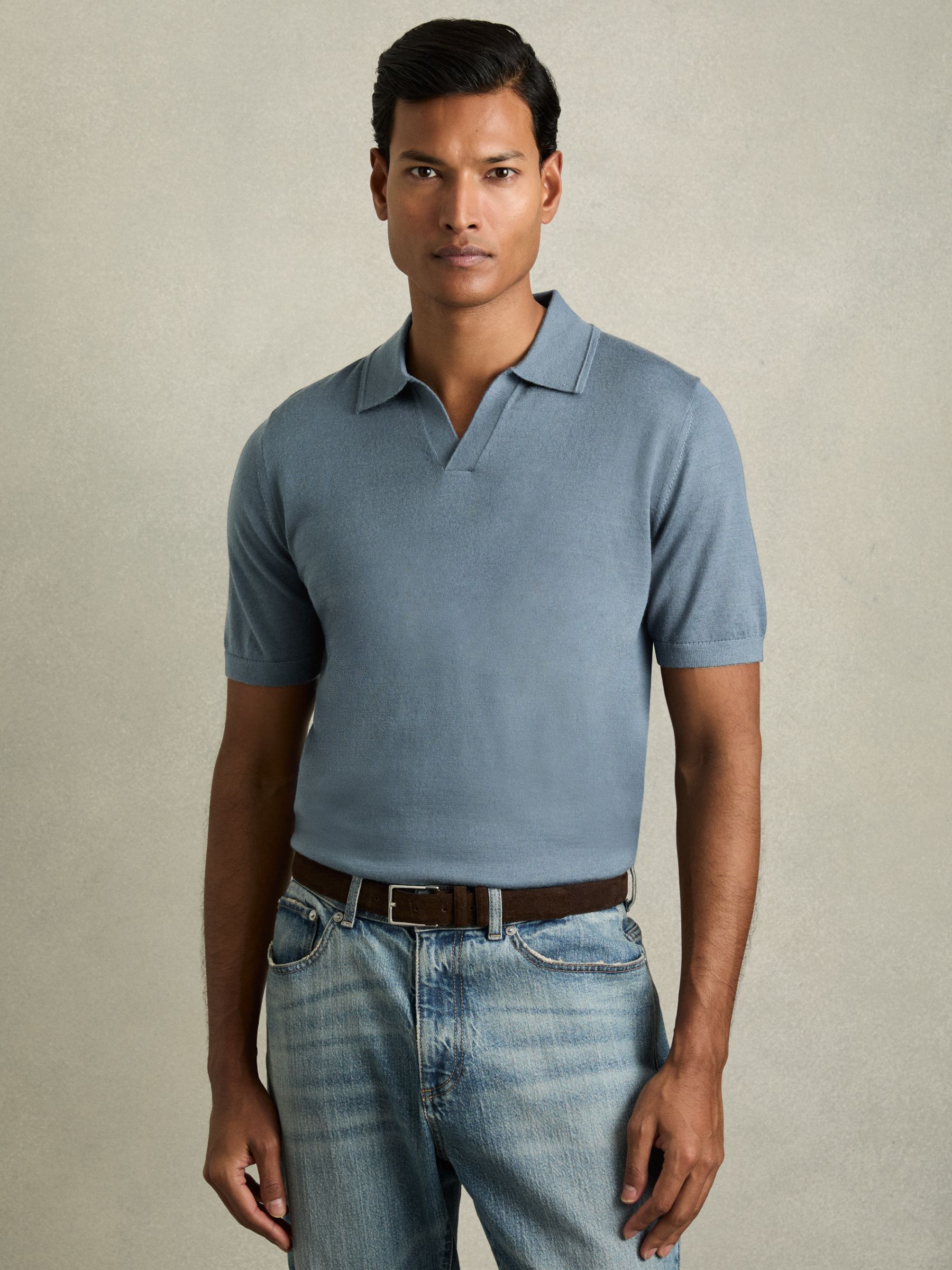 Merino Wool Open Collar Polo Shirt in Airforce Blue - Image 1 of 6