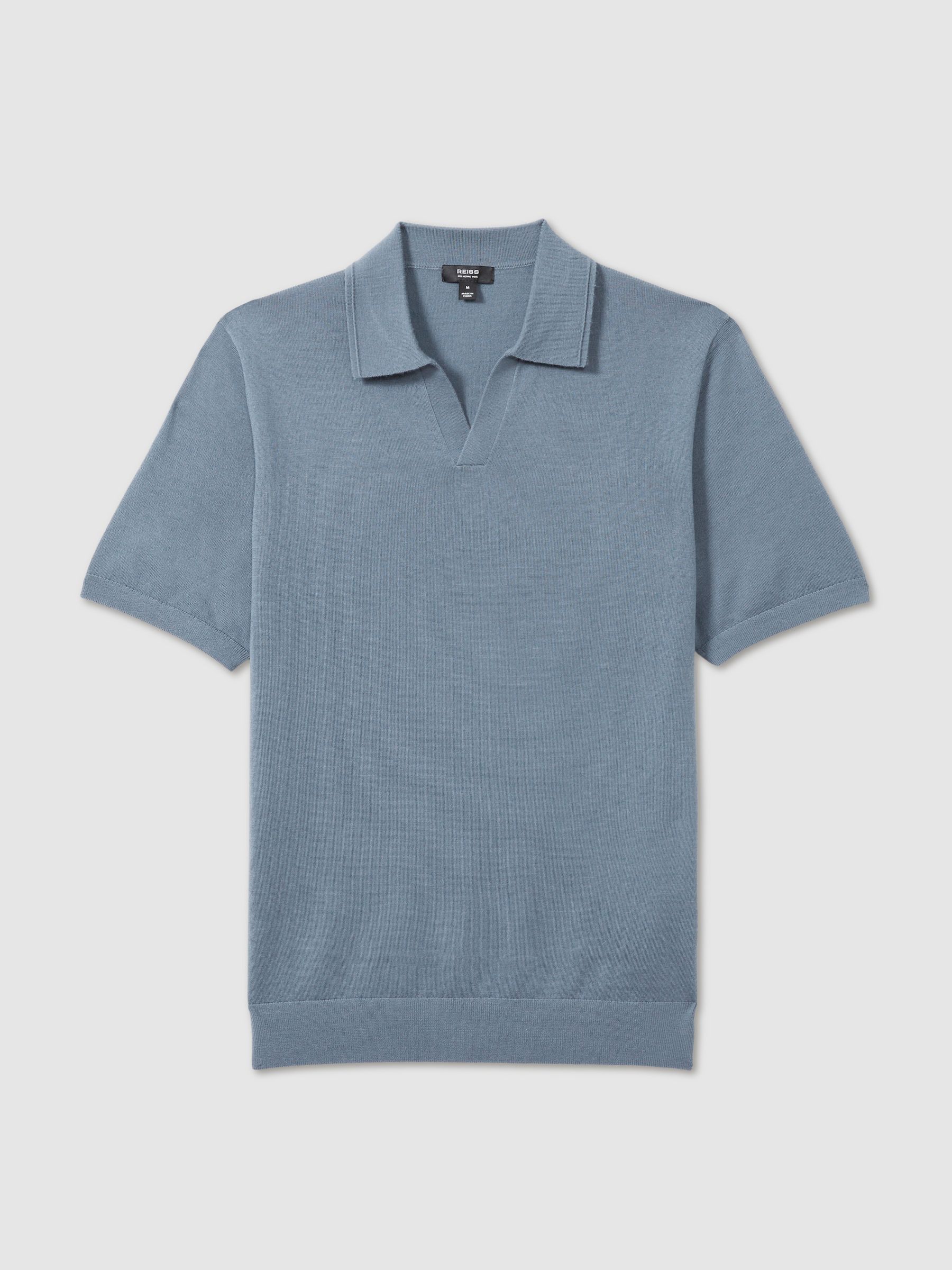 Merino Wool Open Collar Polo Shirt in Airforce Blue - Image 2 of 6