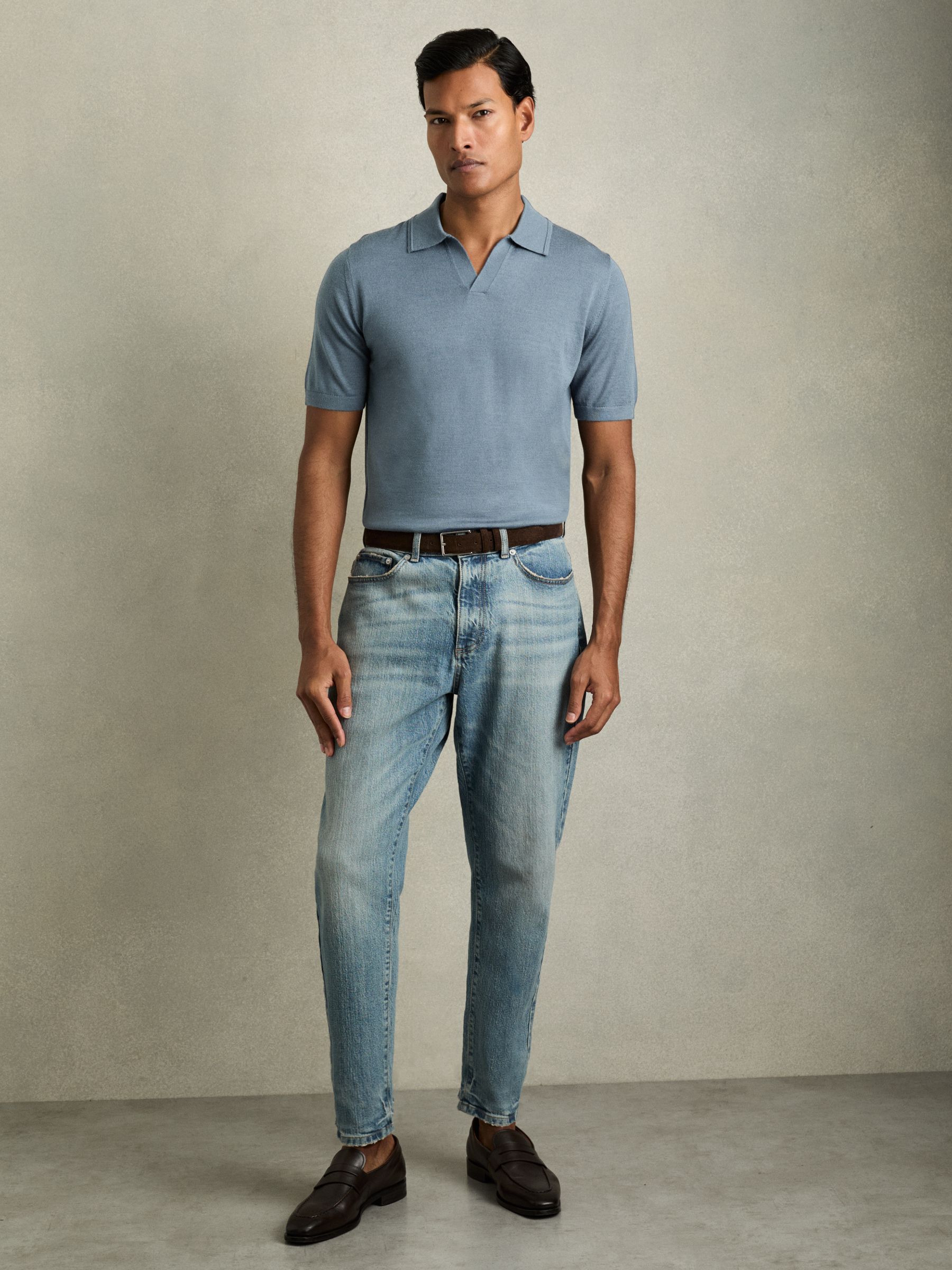 Merino Wool Open Collar Polo Shirt in Airforce Blue - Image 3 of 6