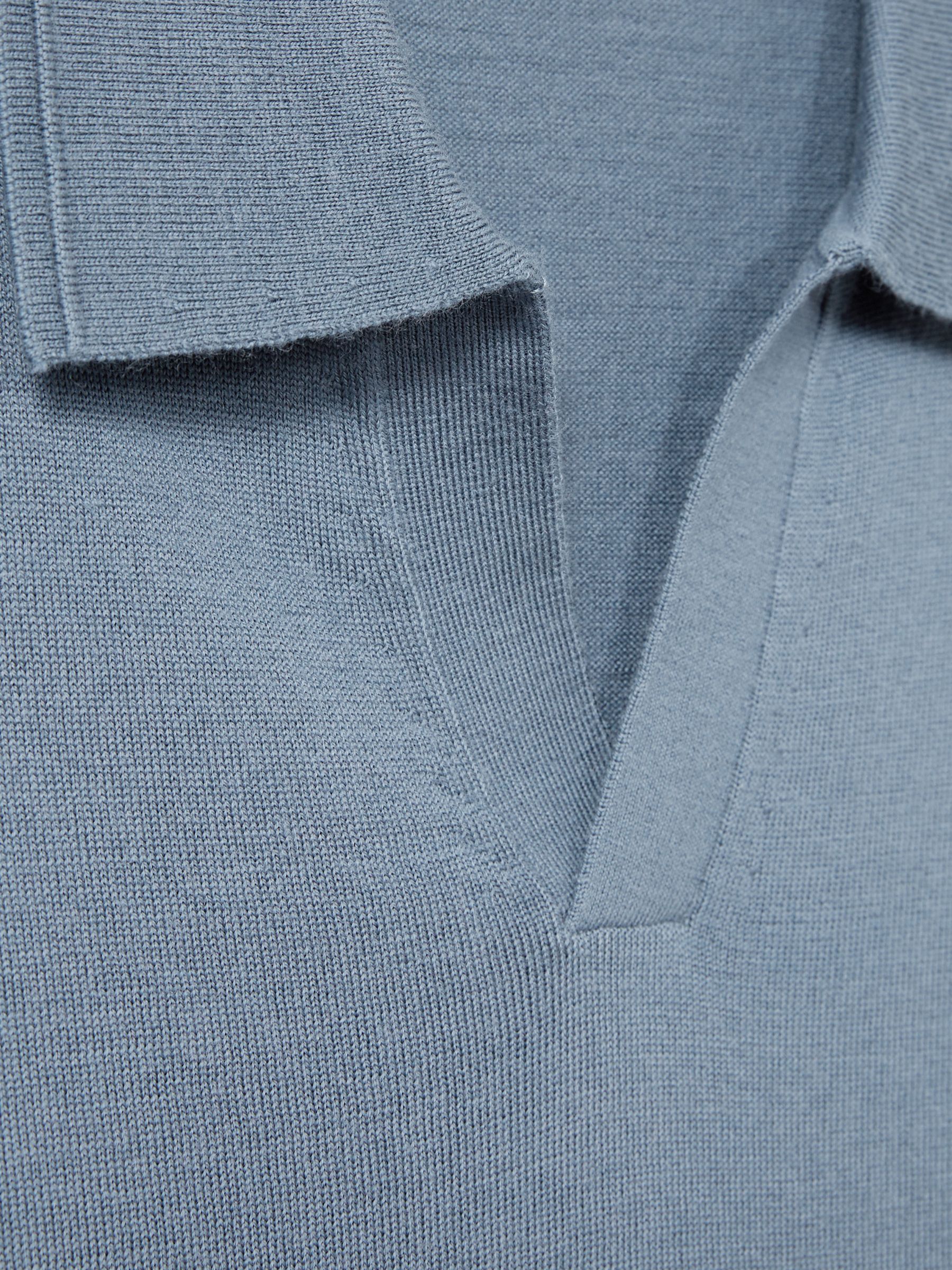 Merino Wool Open Collar Polo Shirt in Airforce Blue - Image 6 of 6