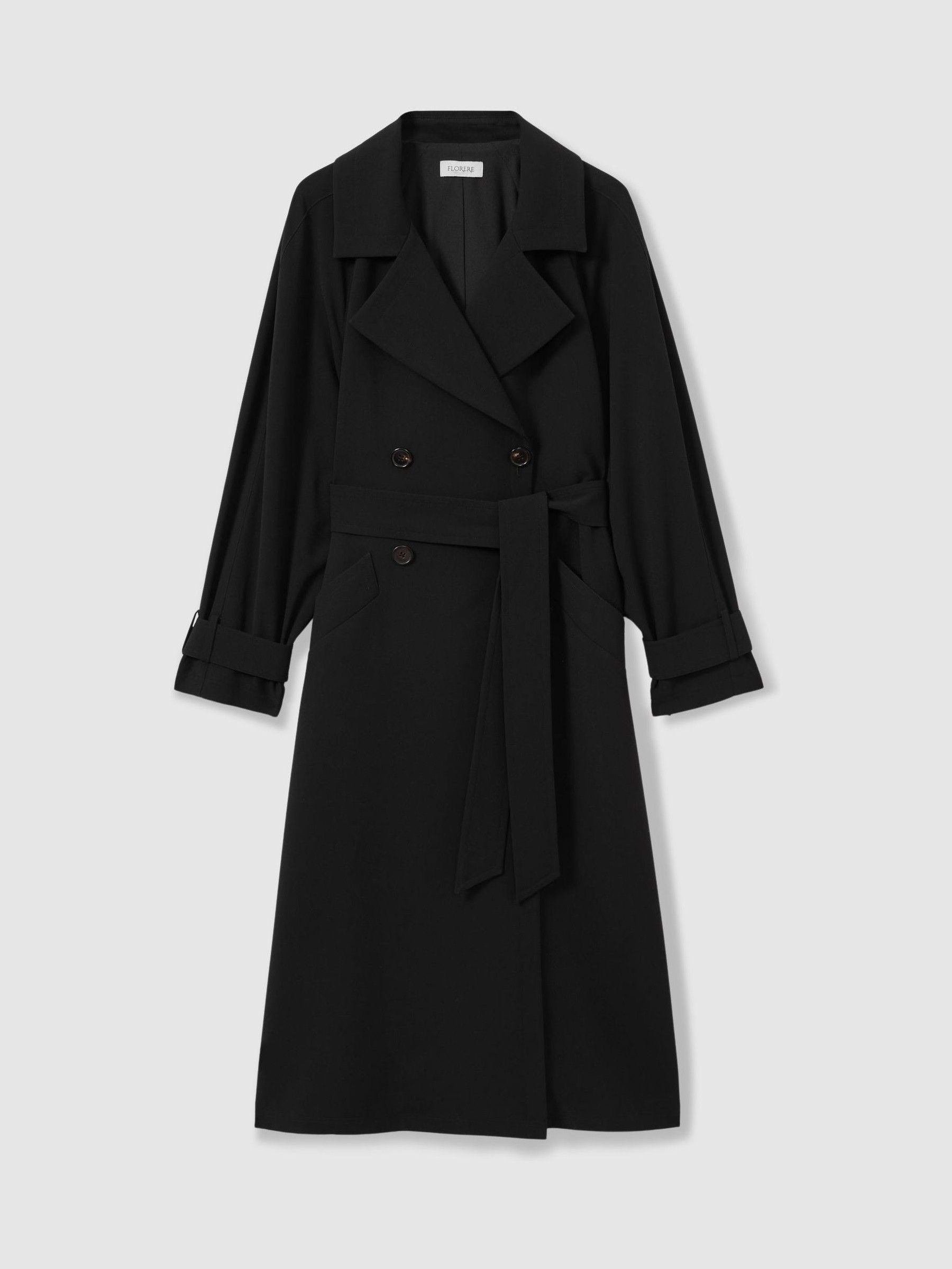 Florere Double Breasted Belted Trench Coat in Black - Image 2 of 7