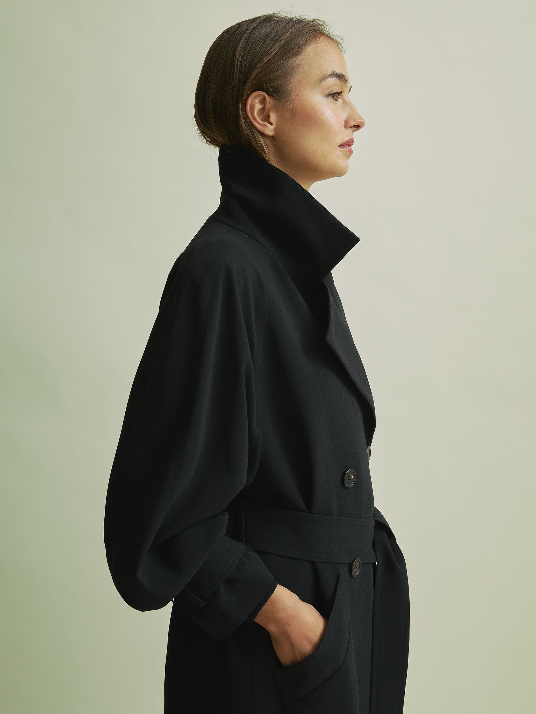 Florere Double Breasted Belted Trench Coat in Black - Image 3 of 7
