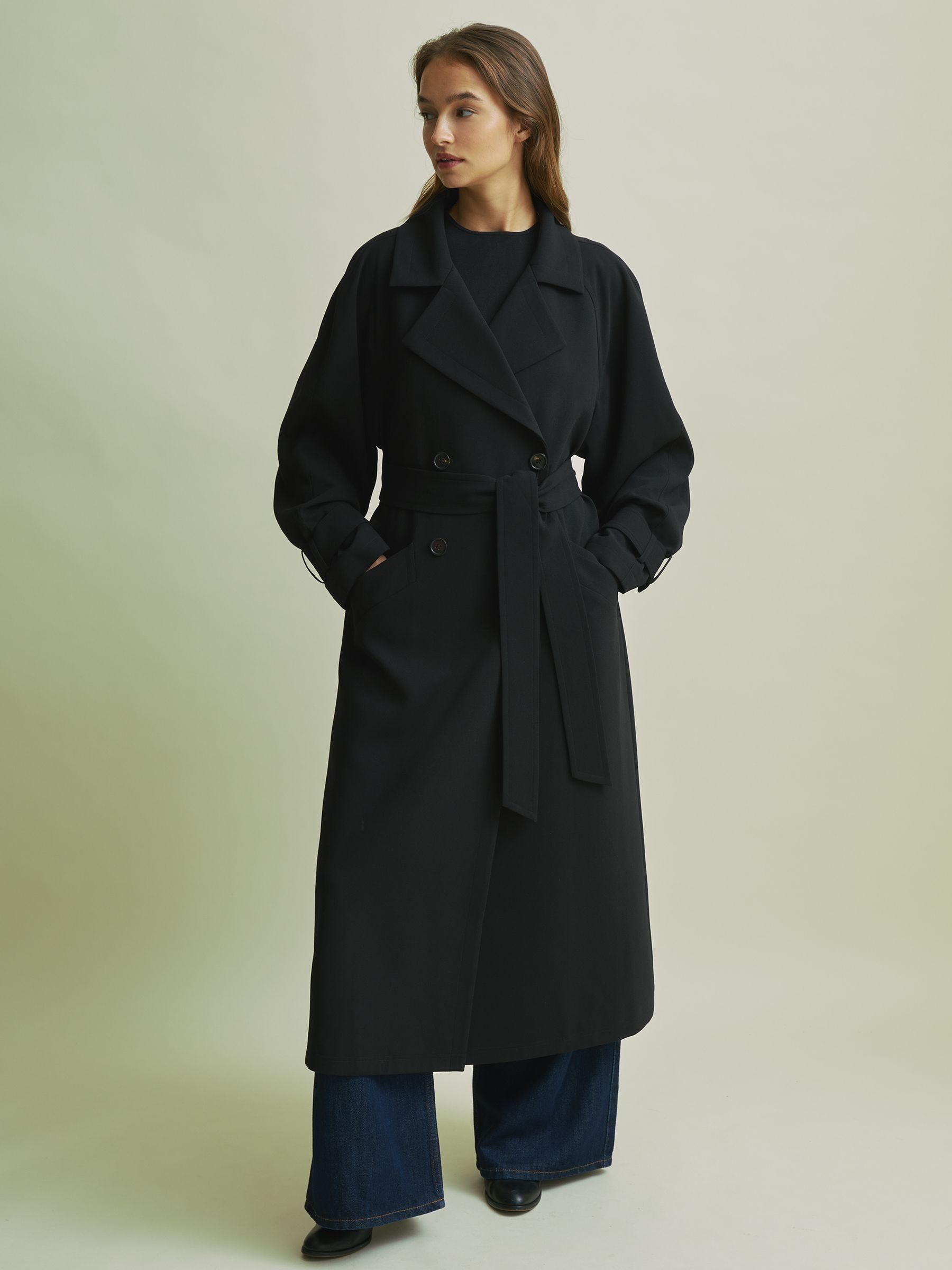 Florere Double Breasted Belted Trench Coat in Black - Image 4 of 7