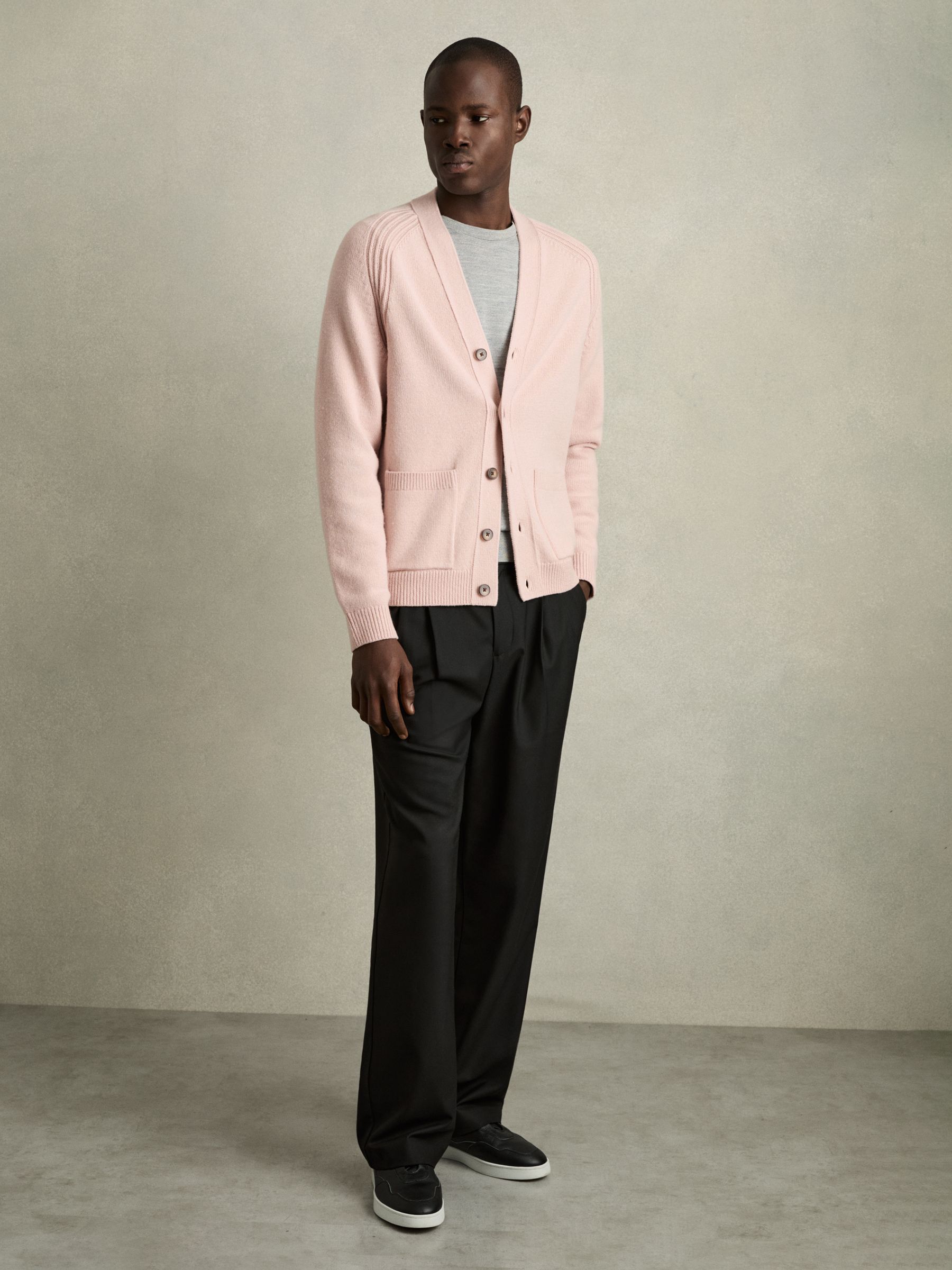 Reiss Wool-Blend Ridge-Seam Cardigan in Soft Pink | REISS