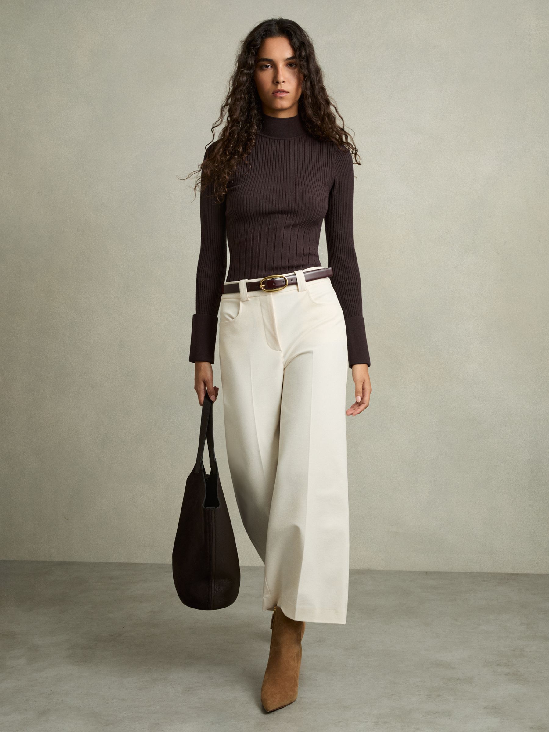 Rib-Knit High-Neck Top in Burgundy - Image 1 of 5