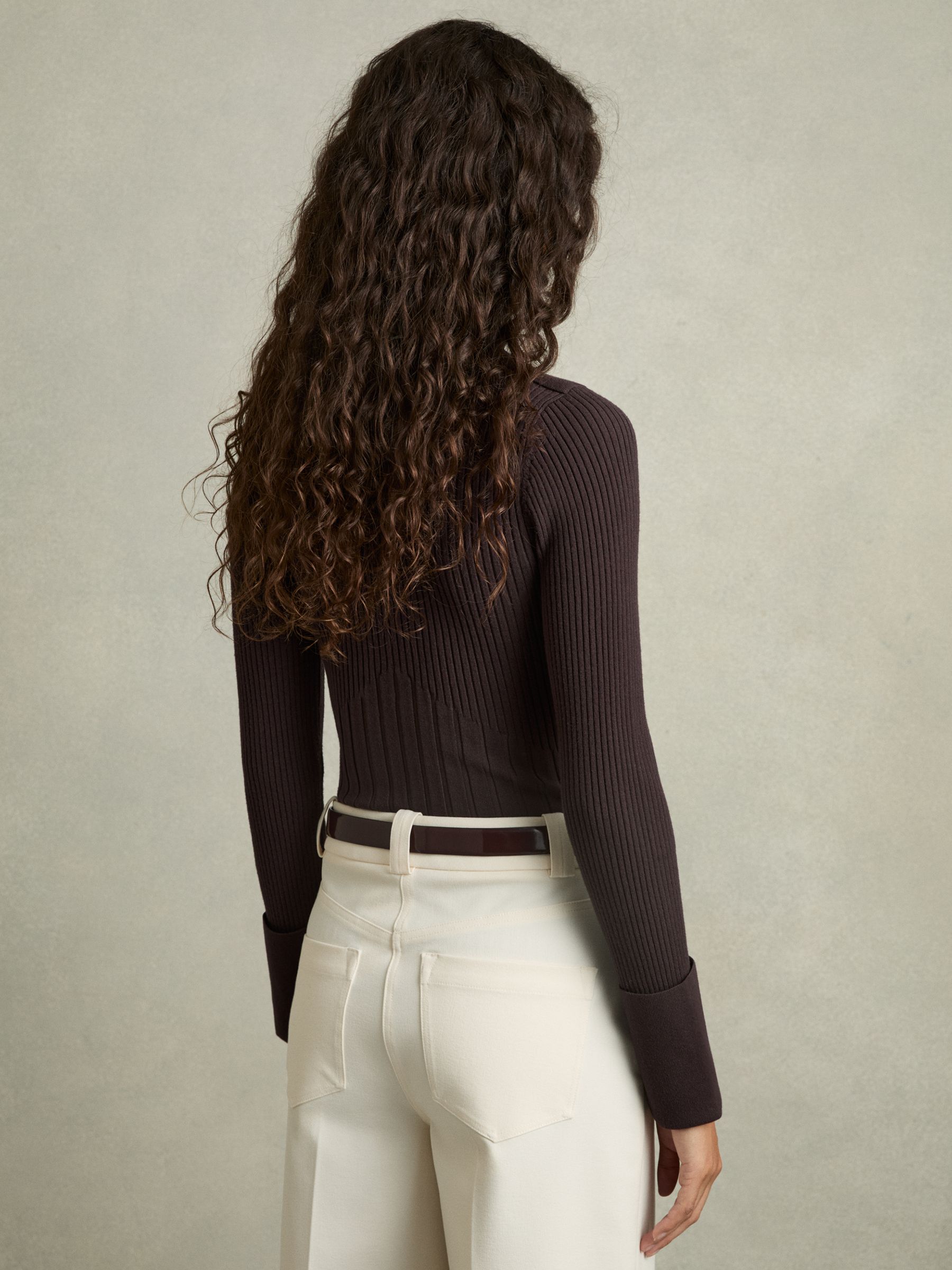 Rib-Knit High-Neck Top in Burgundy - Image 4 of 5