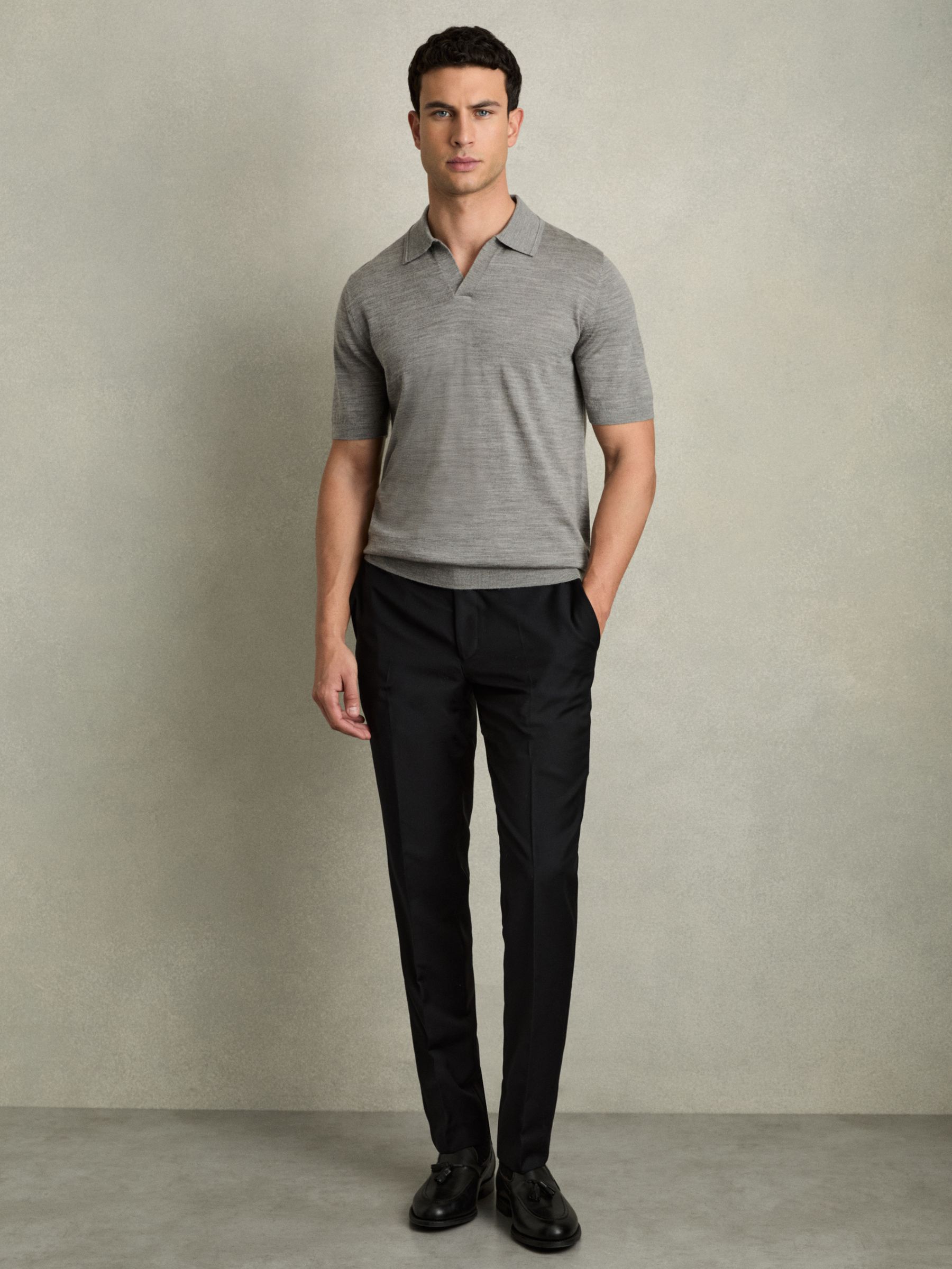 Merino Wool Open Collar Polo Shirt in Warm Grey Melange - Image 3 of 7