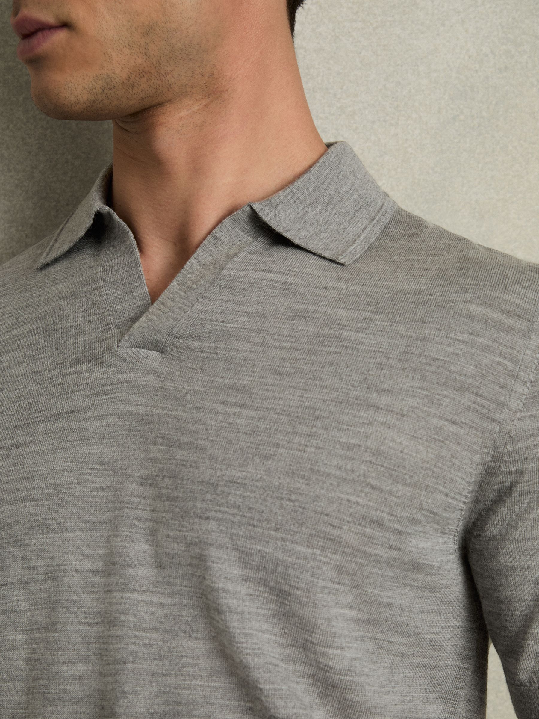 Merino Wool Open Collar Polo Shirt in Warm Grey Melange - Image 4 of 7