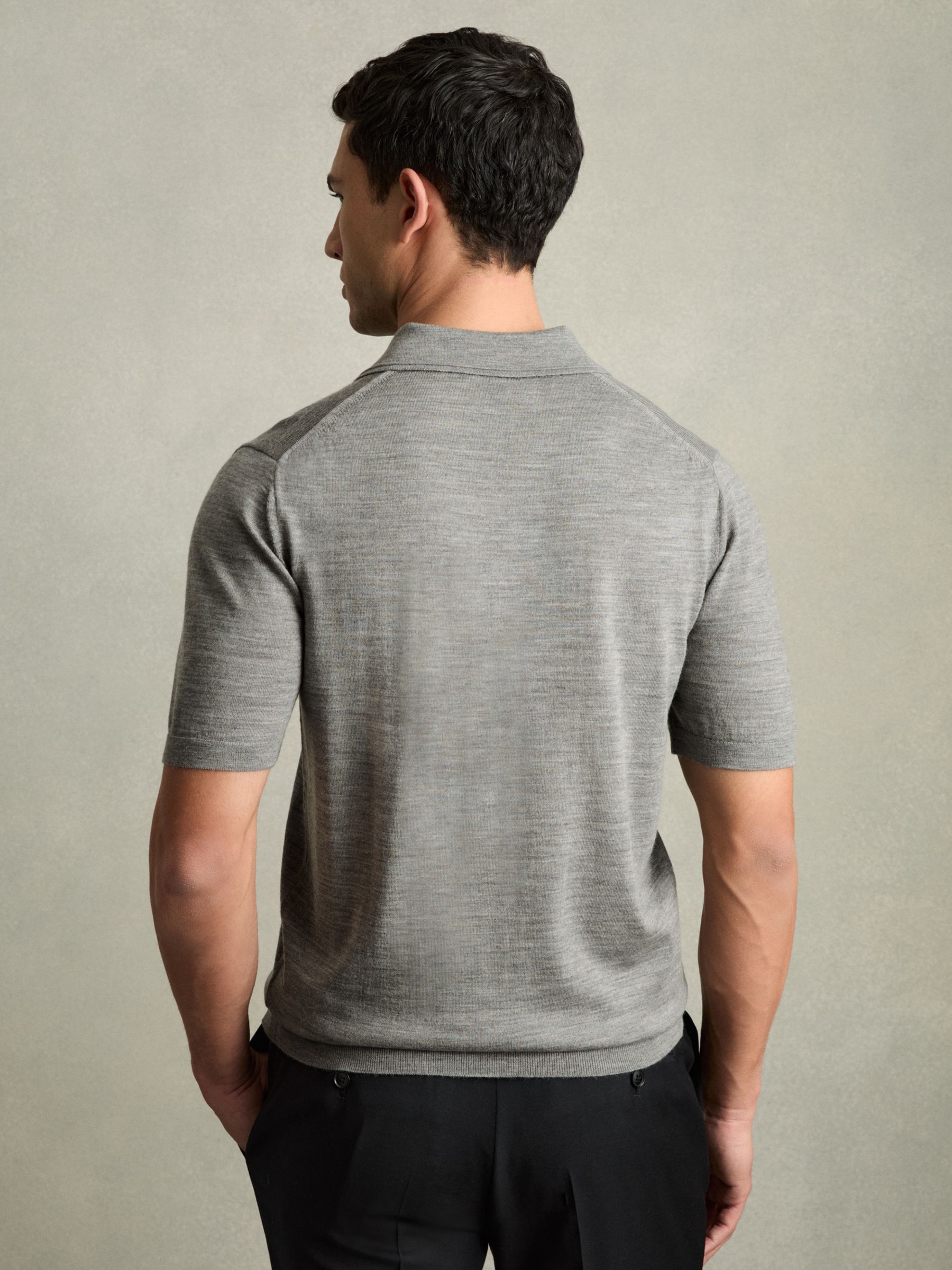 Merino Wool Open Collar Polo Shirt in Warm Grey Melange - Image 5 of 7