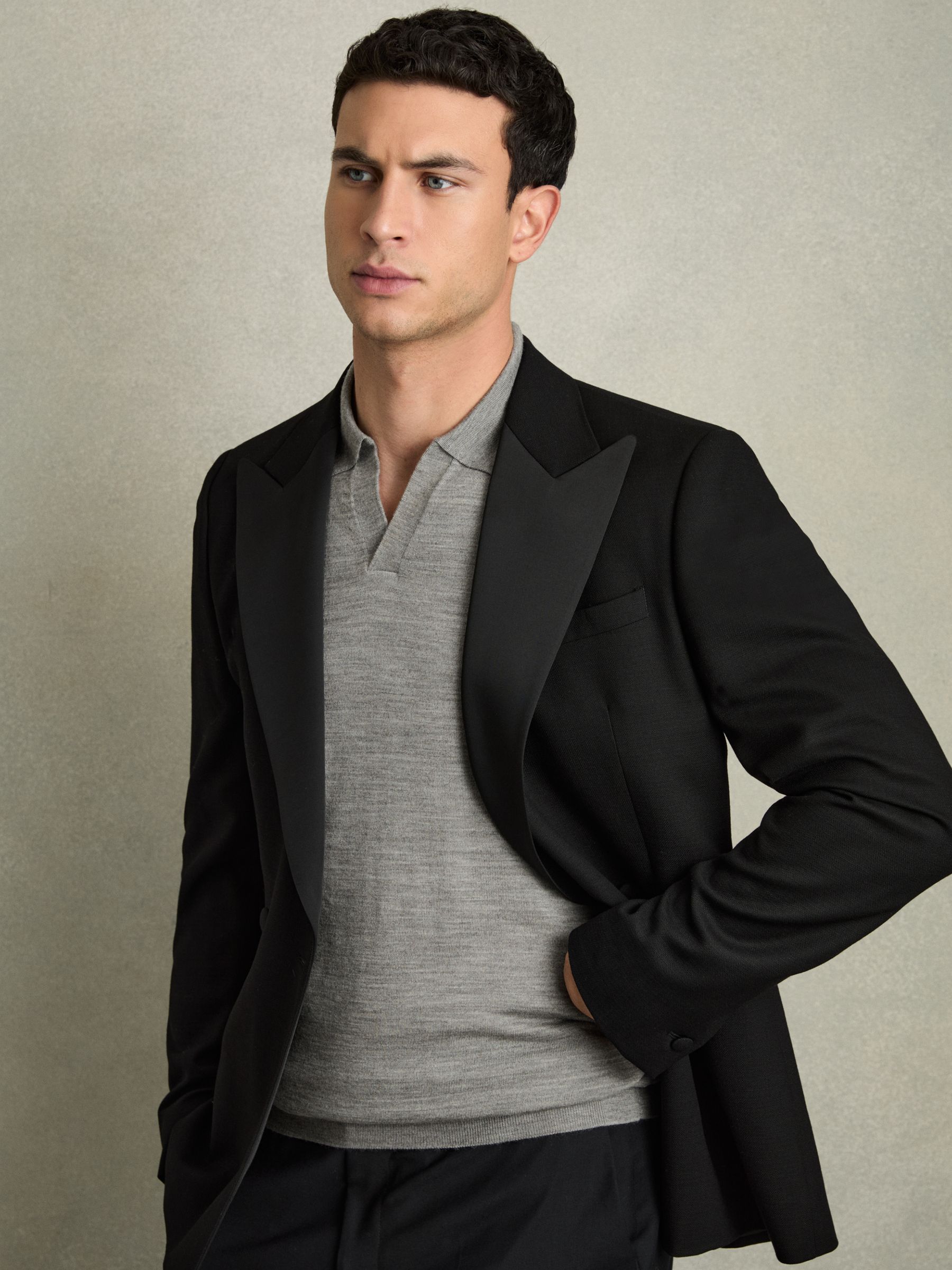 Merino Wool Open Collar Polo Shirt in Warm Grey Melange - Image 6 of 7