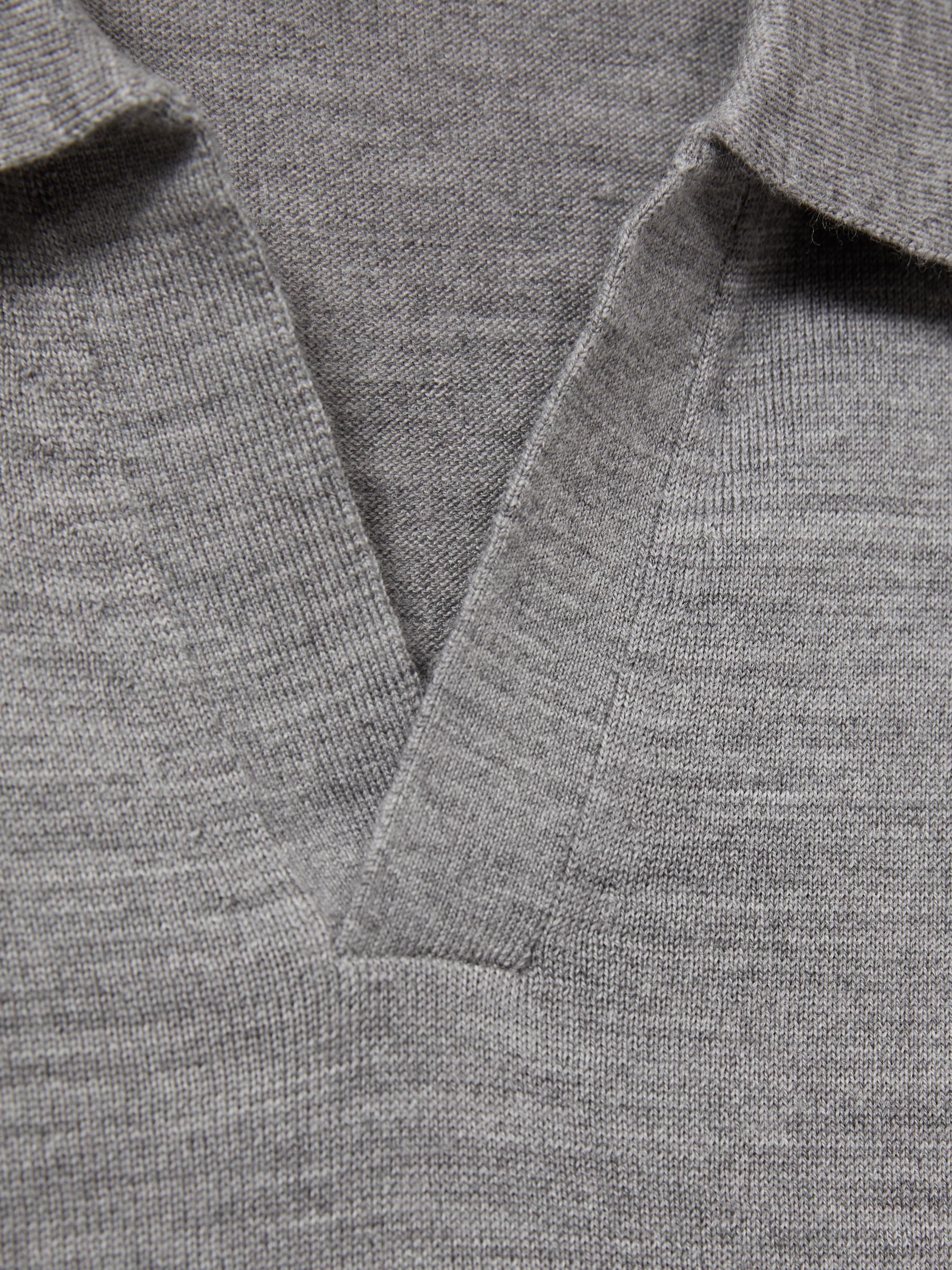 Merino Wool Open Collar Polo Shirt in Warm Grey Melange - Image 7 of 7