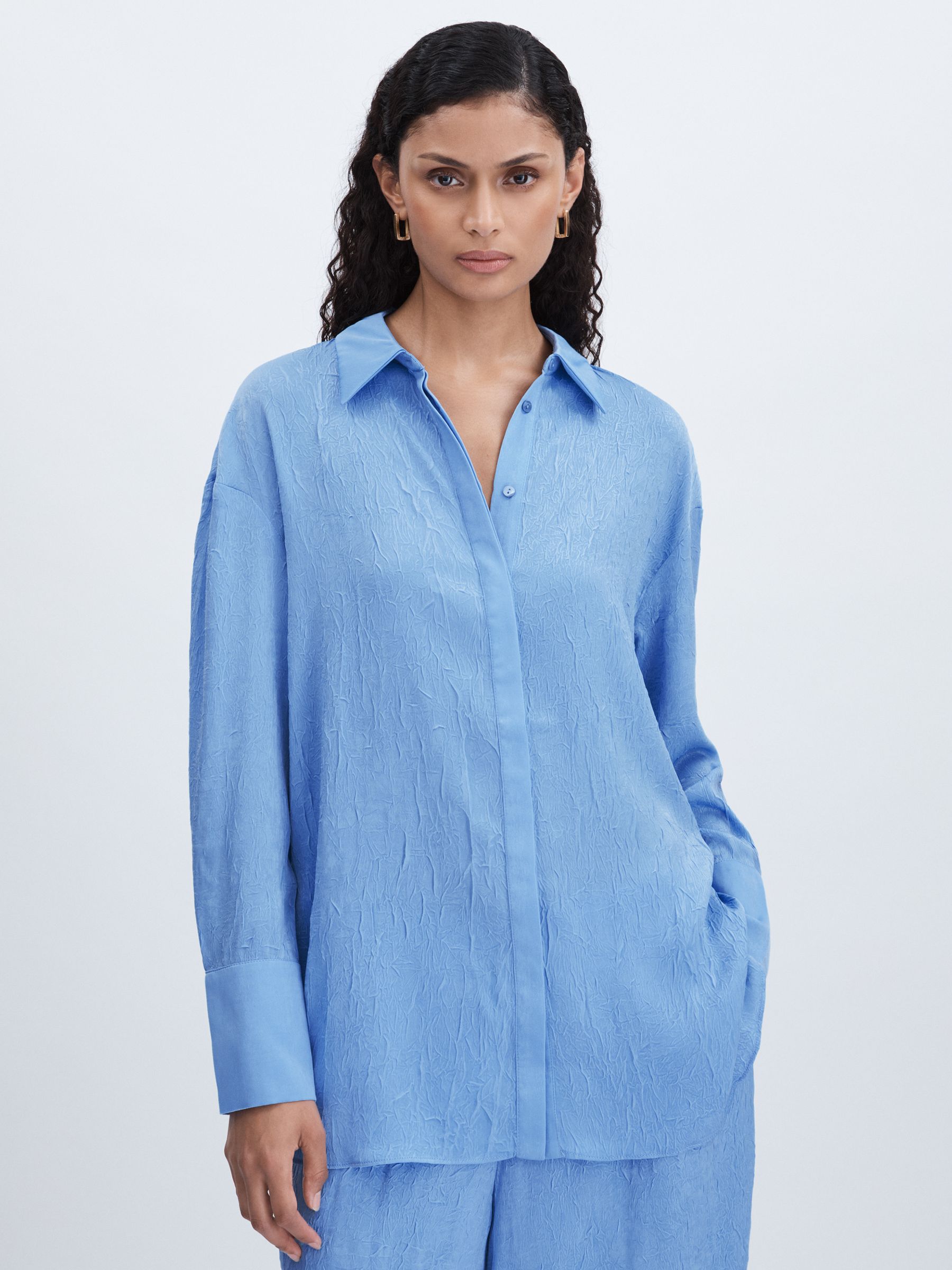 Crinkle Satin Shirt in Periwinkle - Image 1 of 6