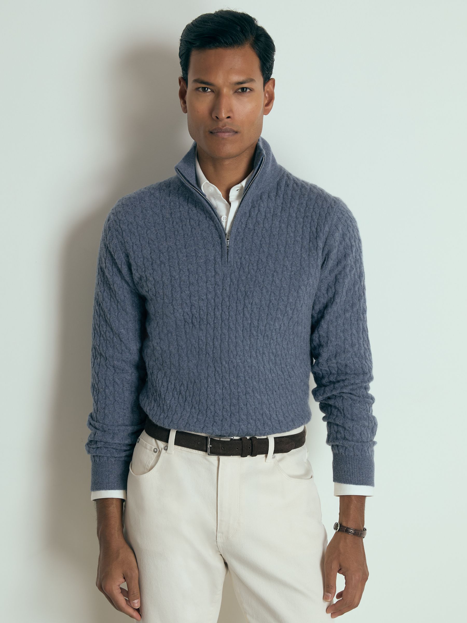 Atelier Cabled-Cashmere Zip-Neck Jumper in Airforce Blue Melange - Image 1 of 6