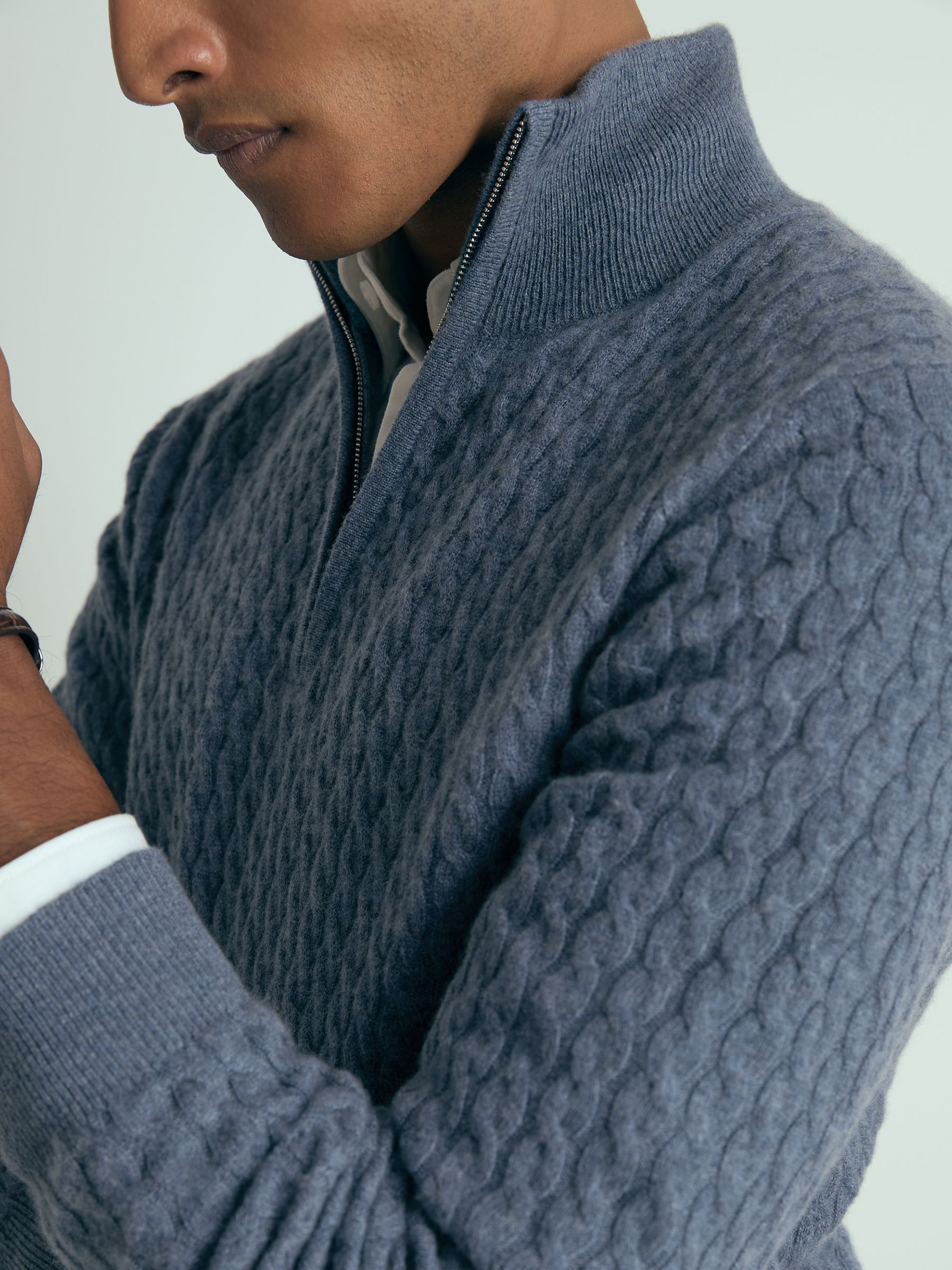 Atelier Cabled-Cashmere Zip-Neck Jumper in Airforce Blue Melange - Image 3 of 6