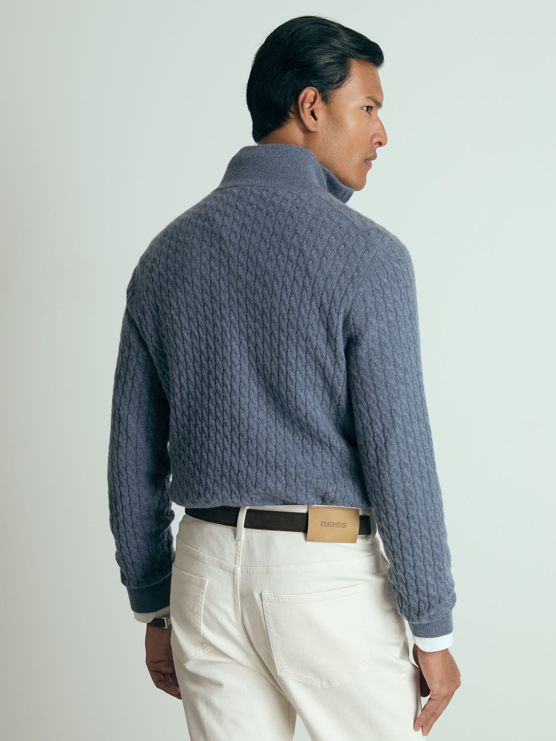Atelier Cabled-Cashmere Zip-Neck Jumper in Airforce Blue Melange - Image 4 of 6
