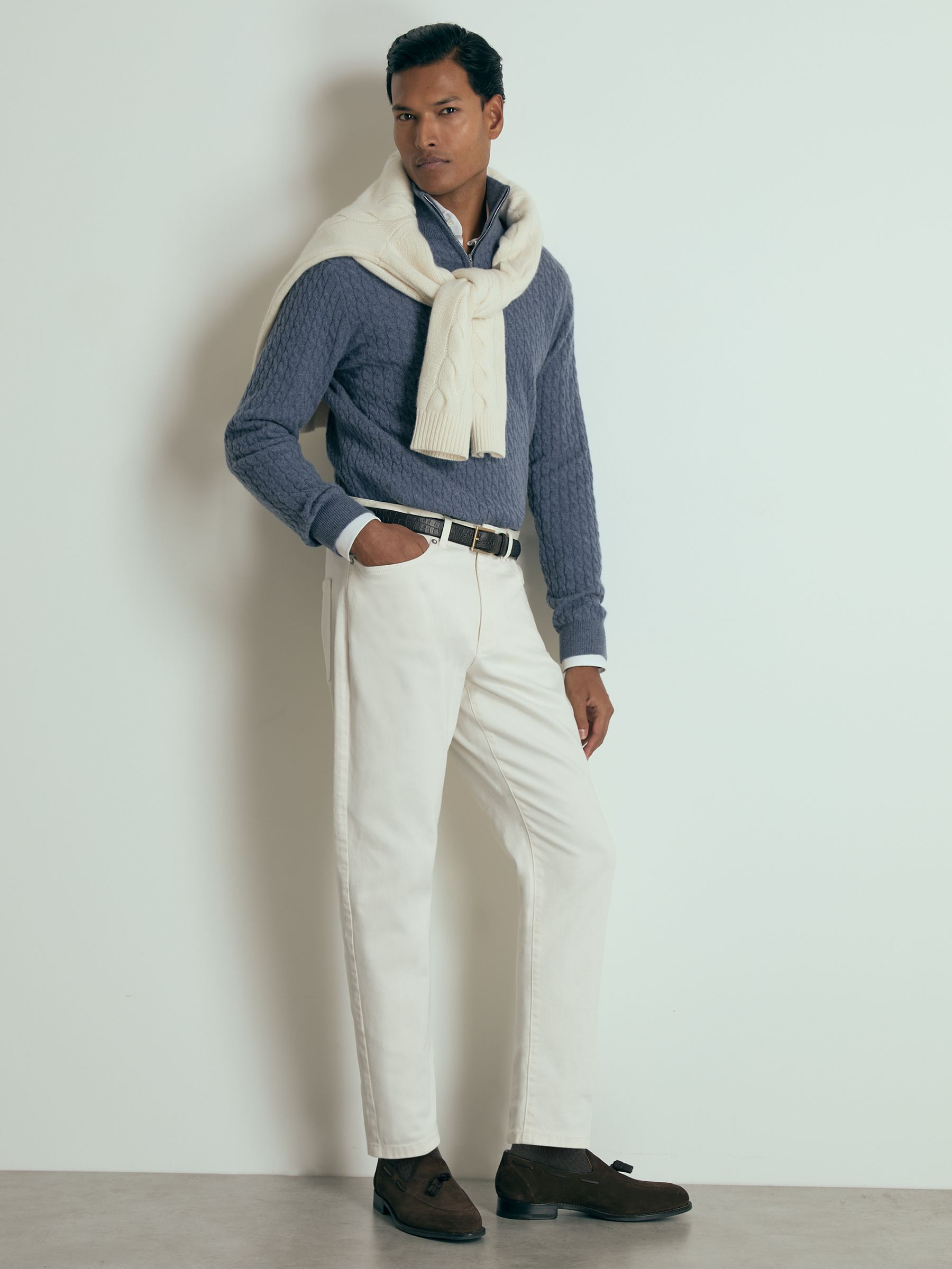 Atelier Cabled-Cashmere Zip-Neck Jumper in Airforce Blue Melange - Image 5 of 6