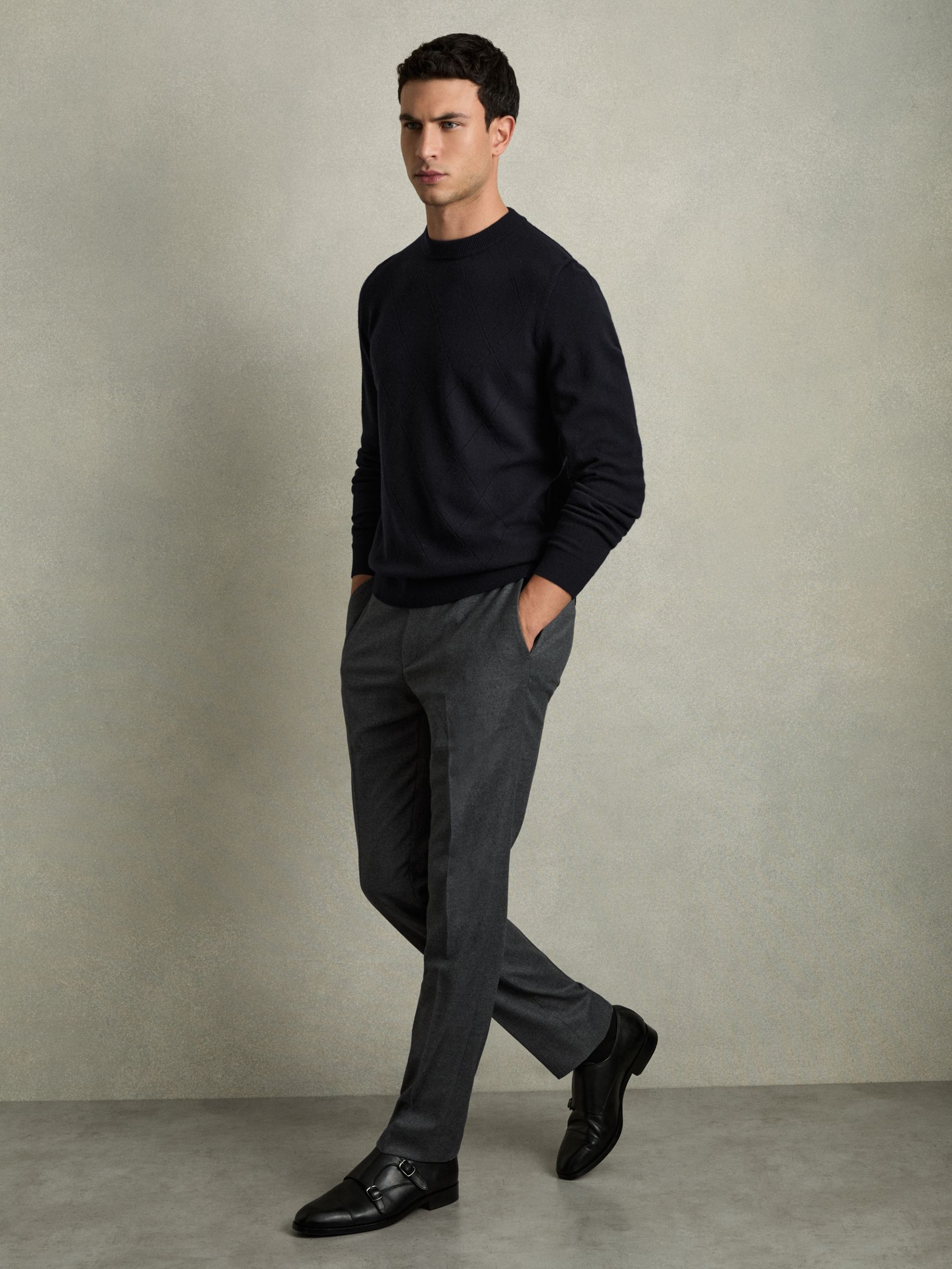 Wool Argyle Crew-Neck Jumper in Navy - Image 3 of 7