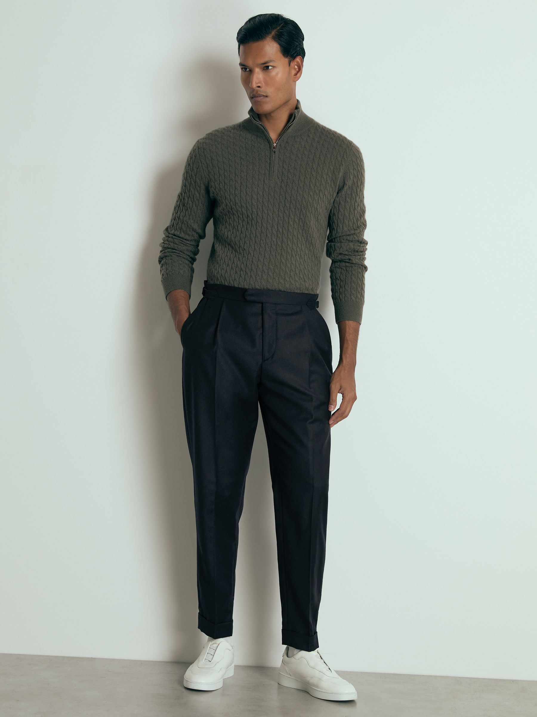 Atelier Cabled-Cashmere Zip-Neck Jumper in Military Green - Image 3 of 5
