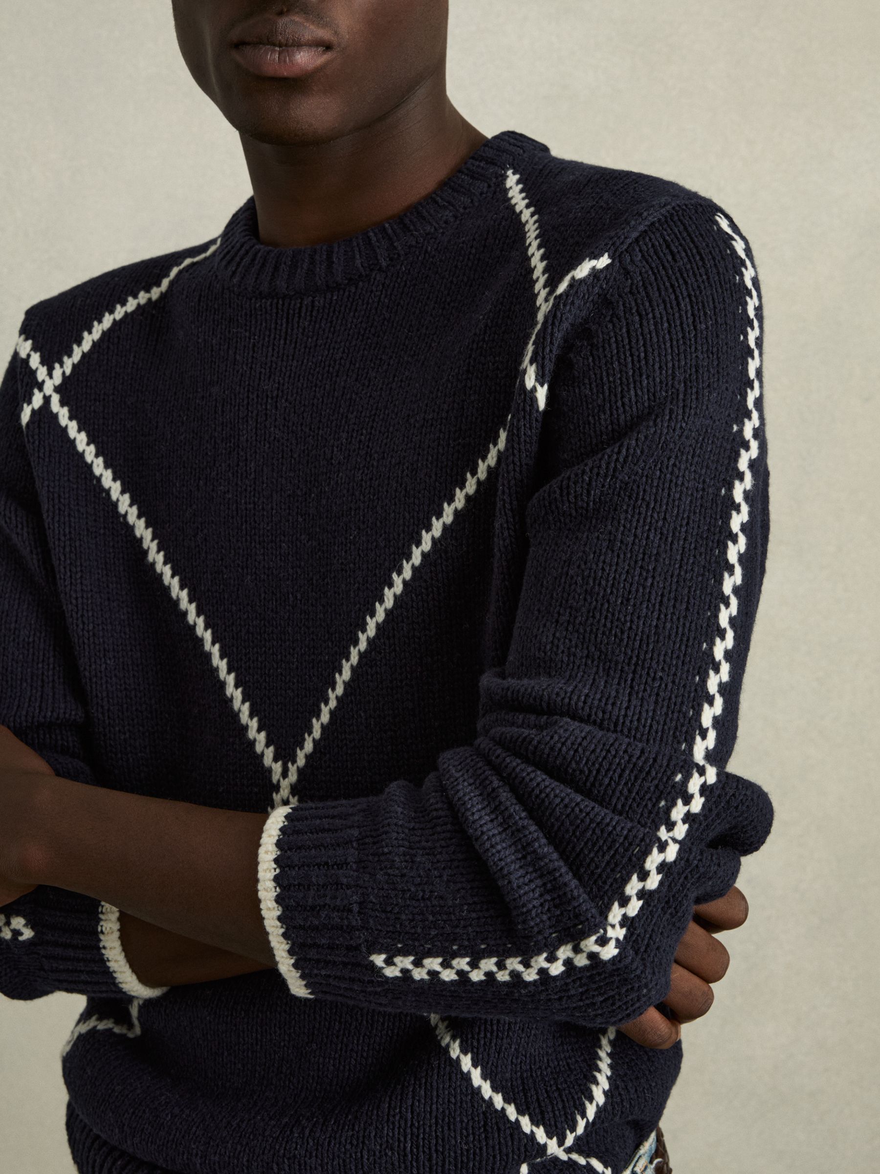 Wool-Blend Embroidered Jumper in Navy/White - Image 4 of 6